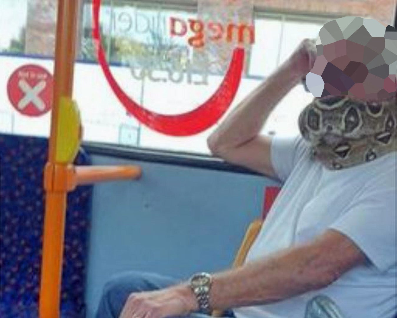 Un hombre que viajaba en un autobús en Salford usando una serpiente como máscara facial