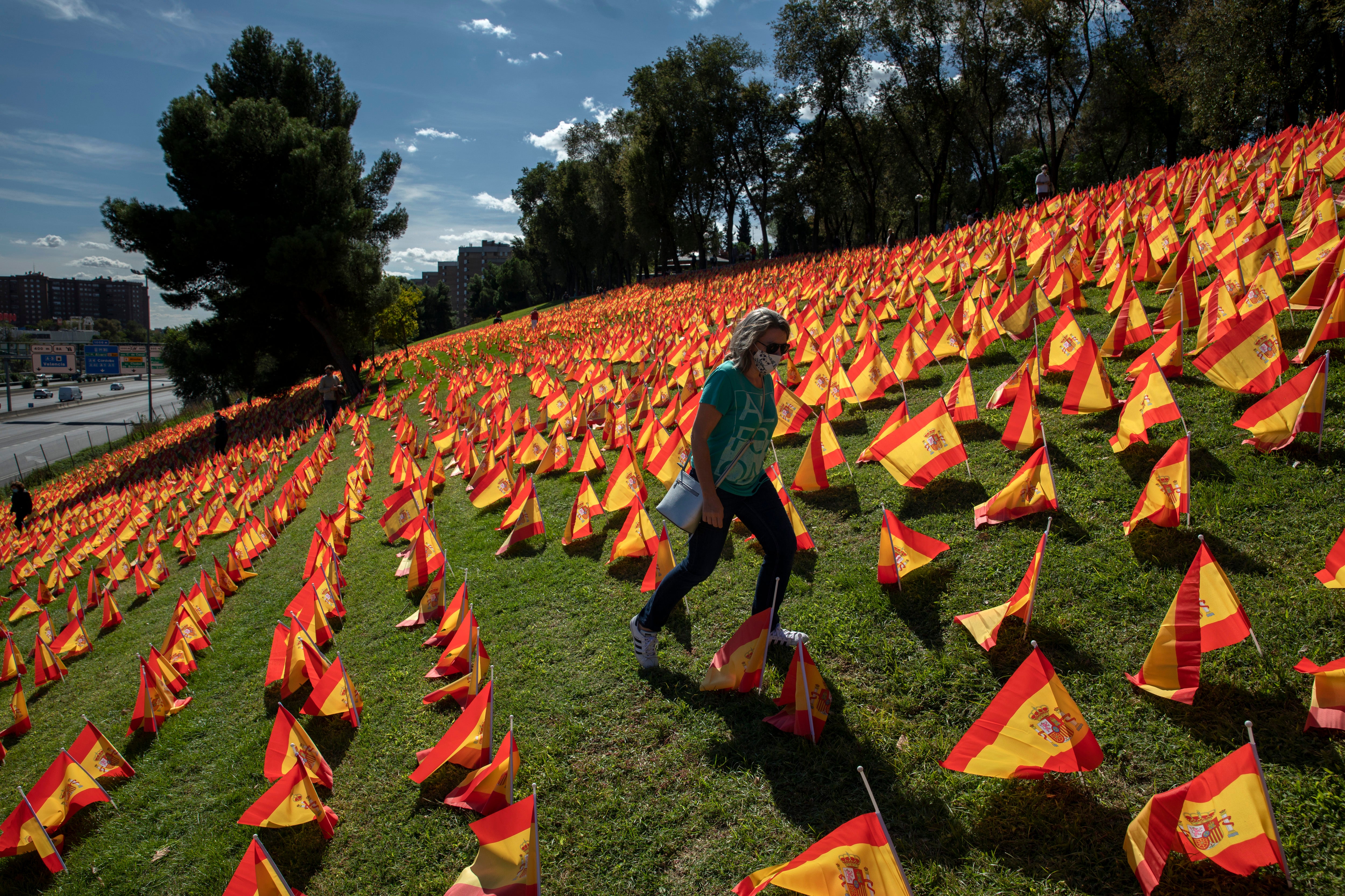 53,000 banderas adornan un parque en Madrid, en honor a los fallecidos por Coronavirus.