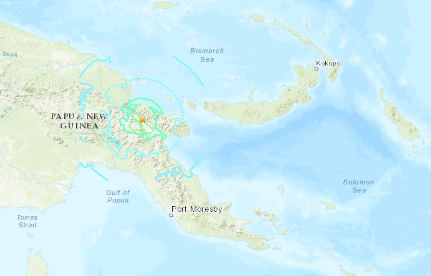 Un mapa del USGS muestra el epicentro de un terremoto que azotó a Papúa Nueva Guinea el 8 de octubre de 2020.