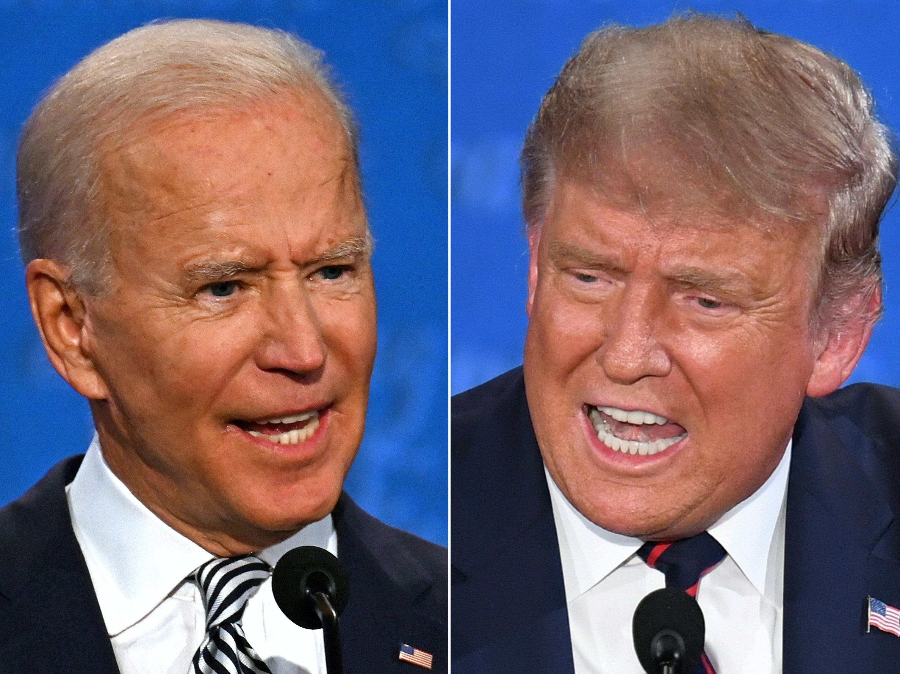 El candidato presidencial demócrata y exvicepresidente estadounidense Joe Biden (izquierda) y el presidente estadounidense Donald Trump hablan durante el primer debate presidencial