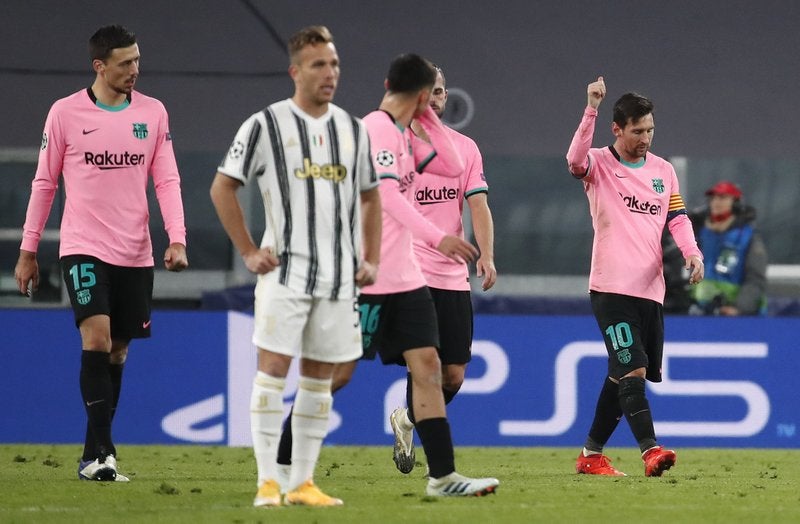 El argentino Lionel Messi festeja luego de anotar frente a la Juventus.