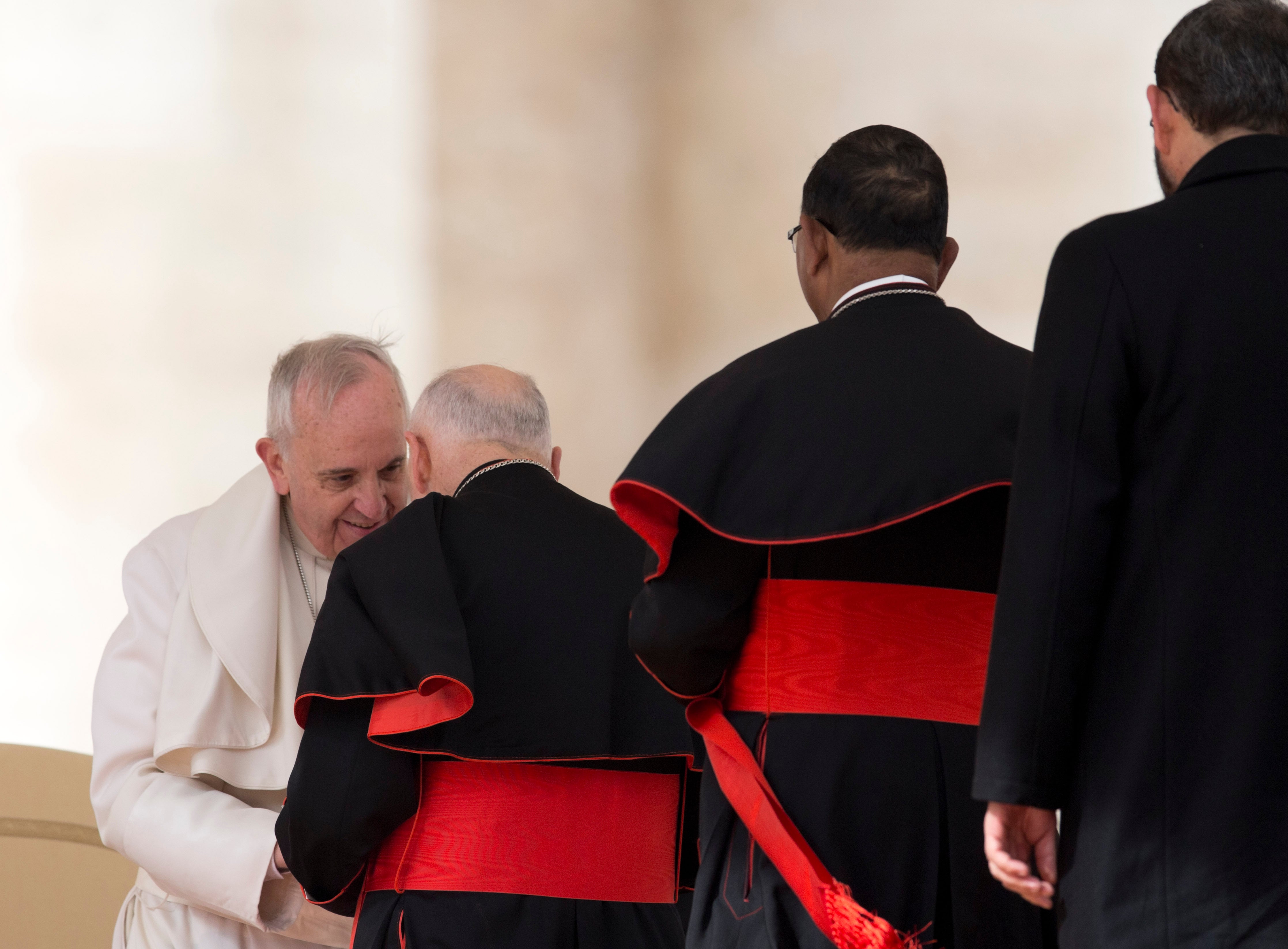 El papa Francisco saluda al cardenal estadounidense Theodore McCarrick en la Plaza de San Pedro el 19 de febrero del 2014. Una investigación del Vaticano eximió a Francisco de toda culpa en relación con el manejo de denuncias de que McCarrick había cometido abusos sexuales.