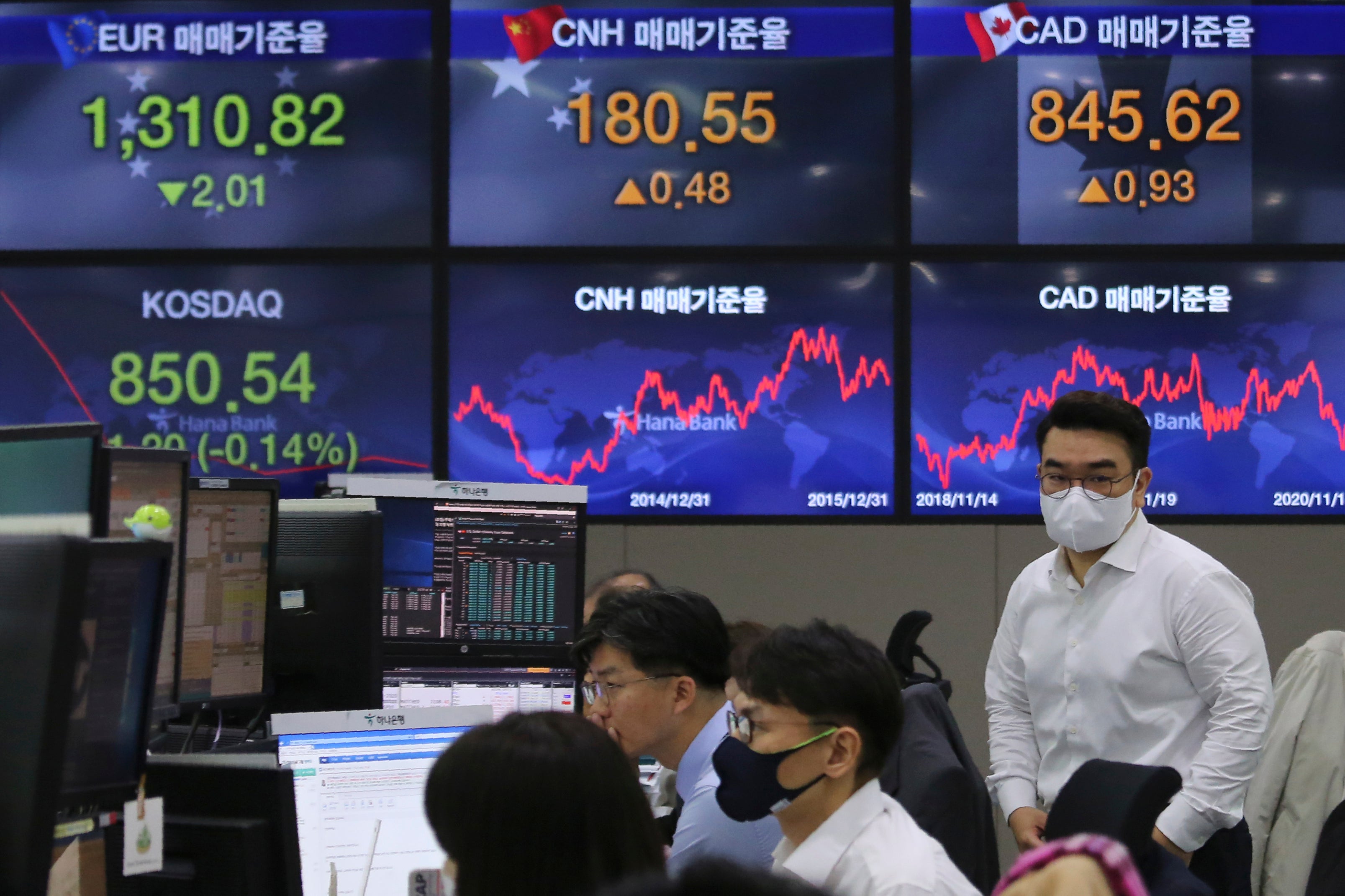 Diversas pantallas muestran el comportamiento de monedas extranjeras un centro de tasas cambiarias en la sede del KEB Hana Bank en Seúl, Corea del Sur, el jueves 19 de noviembre de 2020.