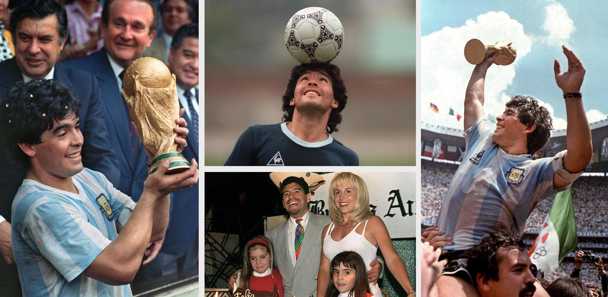 Combo de la leyenda del fútbol argentino Diego Maradona en la cima de su carrera, mostrando la Copa Mundial de Fútbol ganada en México 86 (izquierda y derecha), durante una sesión de entrenamiento de la Copa Mundial de México (C-top), y con su familia - su entonces esposa Claudia Villafañe y sus hijas Dalma y Gianina - en octubre de 1985 celebrando su cumpleaños. Maradona, que estuvo a punto de morir con problemas de corazón y pulmón el mes pasado, volvió a estar en cuidados intensivos en el hospital el 5 de mayo de 2004, sufriendo una indigestión. El capitán, de 43 años, ganador de la Copa del Mundo de 1986, fue readmitido en el hospital Suizo-Argentino de Buenos Aires, donde fue tratado del 18 al 29 de abril.