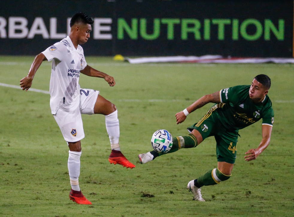 <p>Efraín Álvarez del Galaxy de Los Ángles y Marvin Loria de Portland pugnan por balón en el partido de la MLS en Carson, California.&nbsp;</p>
