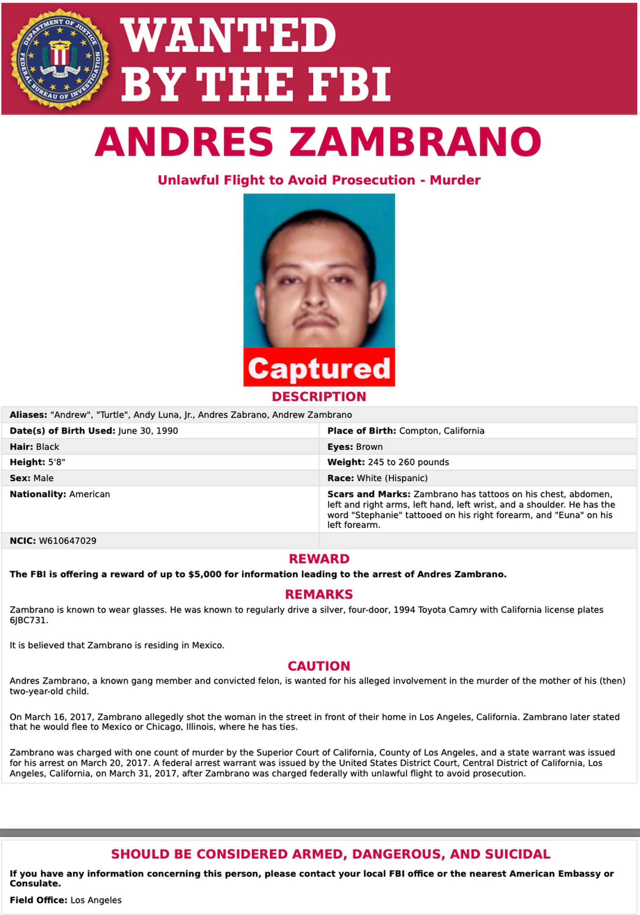 Fugitivo de Los Ángeles es arrestado.