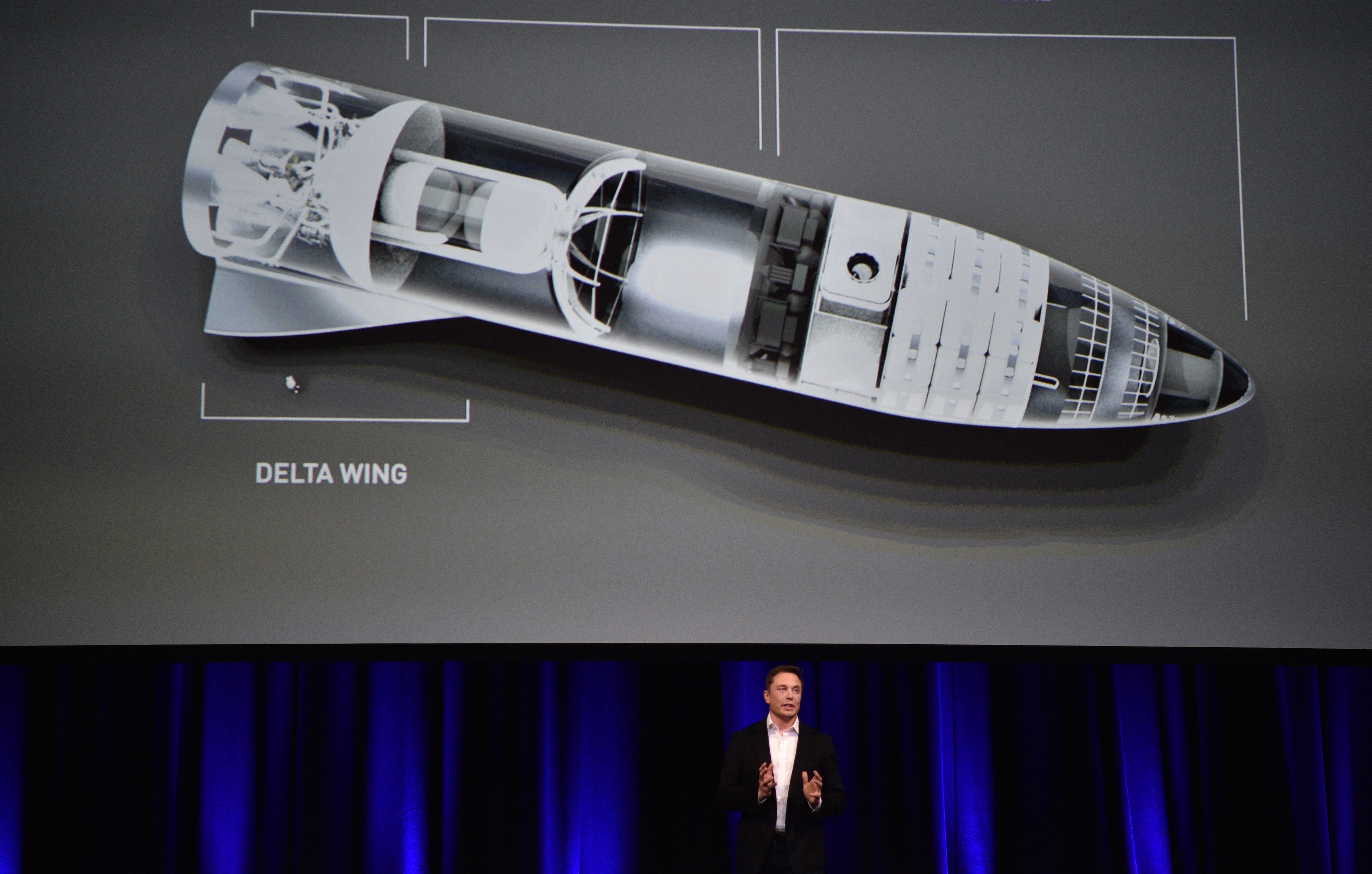 El empresario multimillonario y fundador de SpaceX Elon Musk habla debajo de una ilustración generada por computadora de su nuevo cohete en el 68o Congreso Astronáutico Internacional 2017 en Adelaida el 29 de septiembre de 2017. Musk dijo que su compañía SpaceX ha comenzado un trabajo serio en el cohete BFR como él planea un sistema de transporte interplanetario.&nbsp;