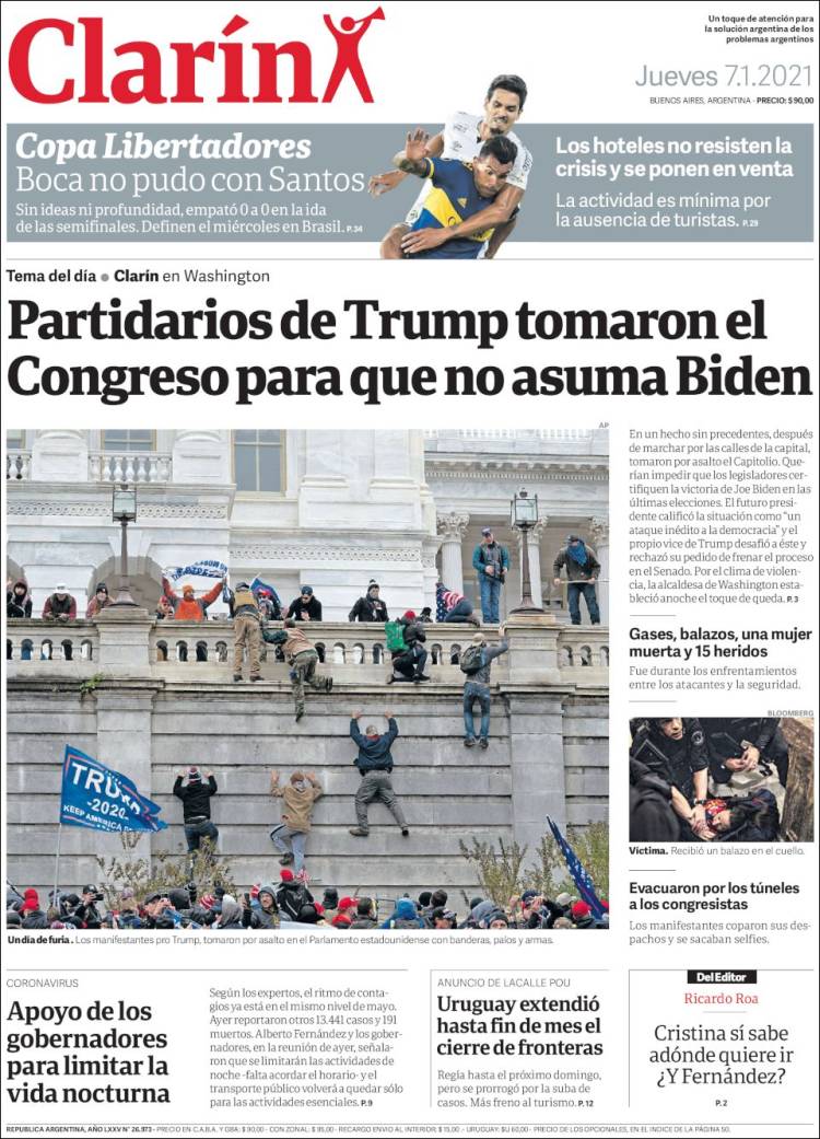Clarín, de Argentina, también dedicó su portada a los actos de los simpatizantes de Trump.
