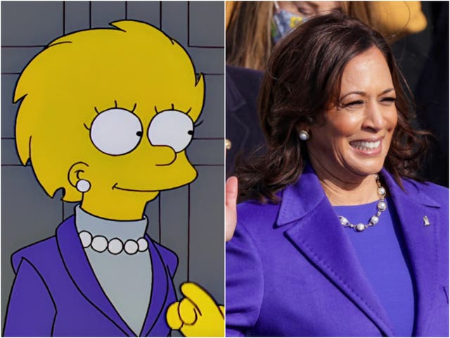 <p>La presidenta Lisa Simpson en el episodio de Los Simpson 'Bart to the Future', y la vicepresidenta Kamala Harris ayer (20 de enero)</p>