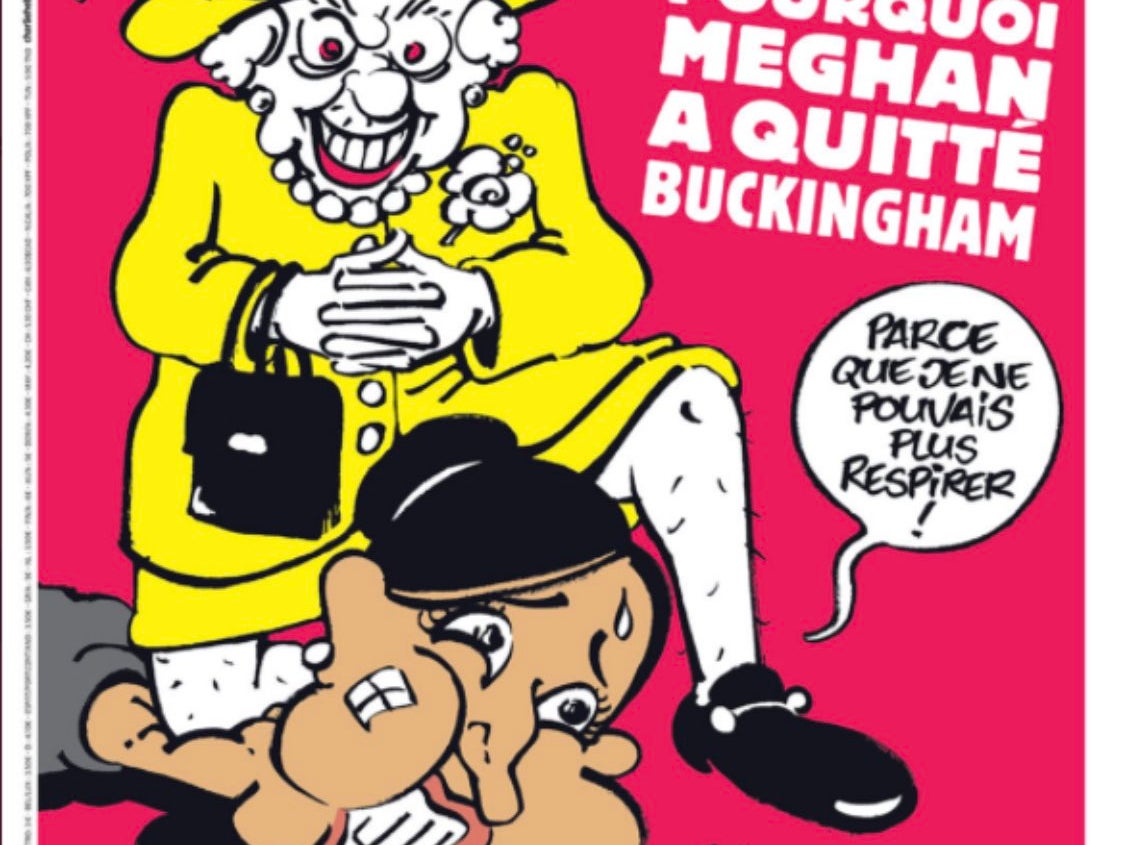Junto a la caricatura, un titular dice: “Por qué Meghan se fue de Buckingham”, con la duquesa de Sussex respondiendo, desde debajo de la rodilla de la reina, “porque ya no podía respirar”