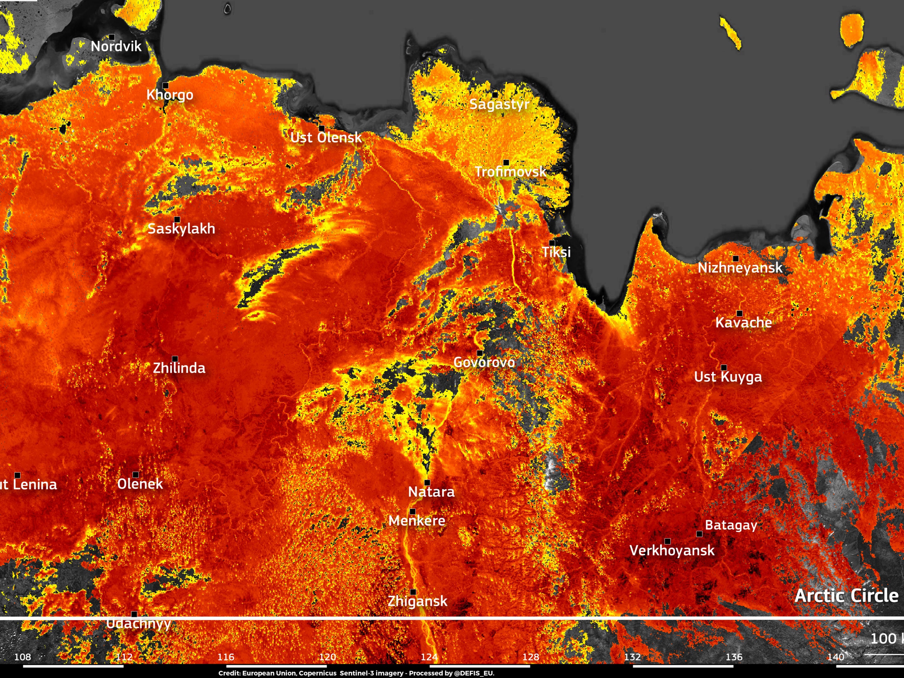 Una imagen tomada por el satélite Copernicus Sentinel-3 de la UE muestra que las temperaturas de la superficie terrestre alcanzan casi los 50 grados Celsius (122 grados Fahrenheit) alrededor de la ciudad de Verkhoyansk