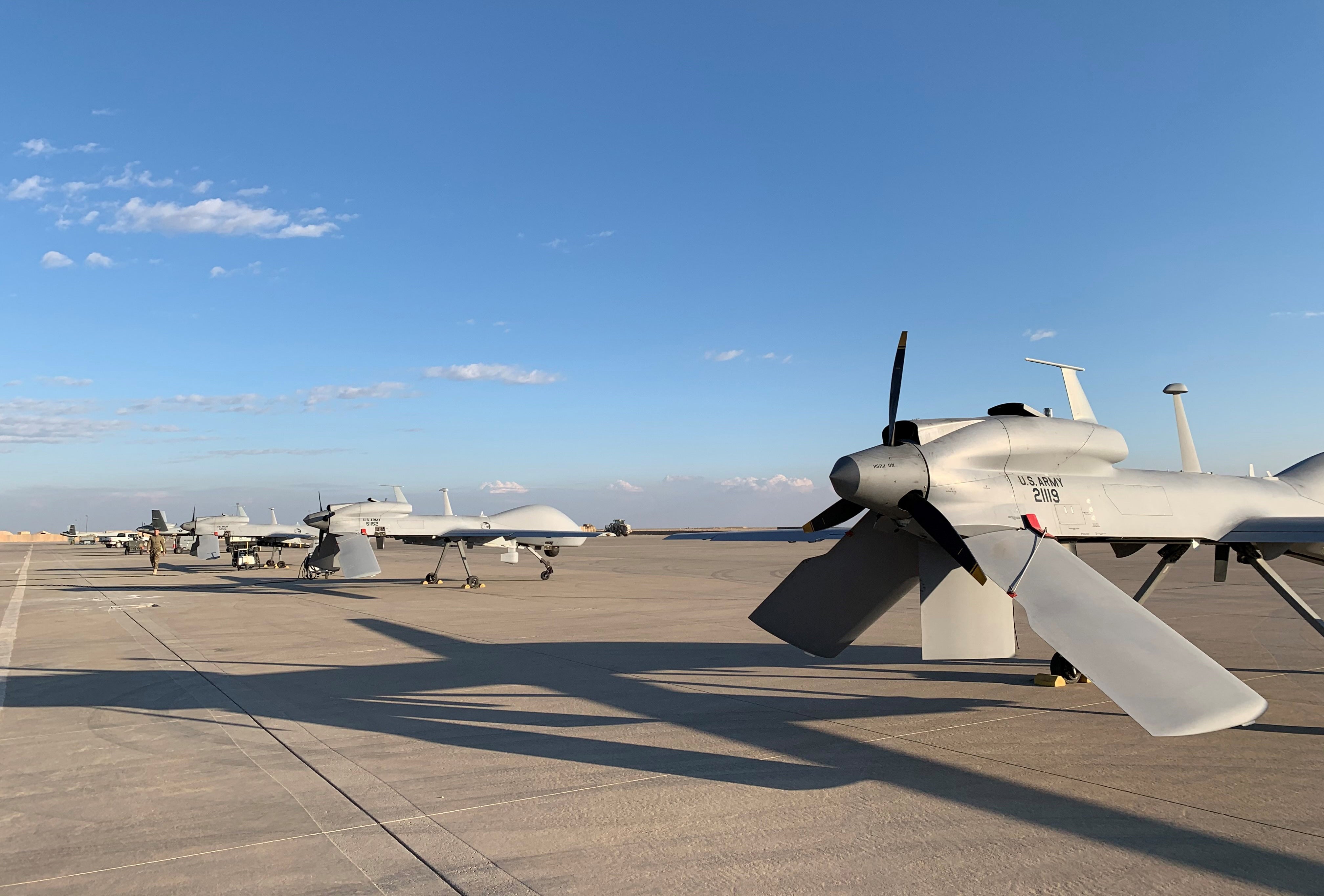 Drones del ejército estadounidense en la base aérea de Ain al-Asad, en la provincia occidental iraquí de Anbar