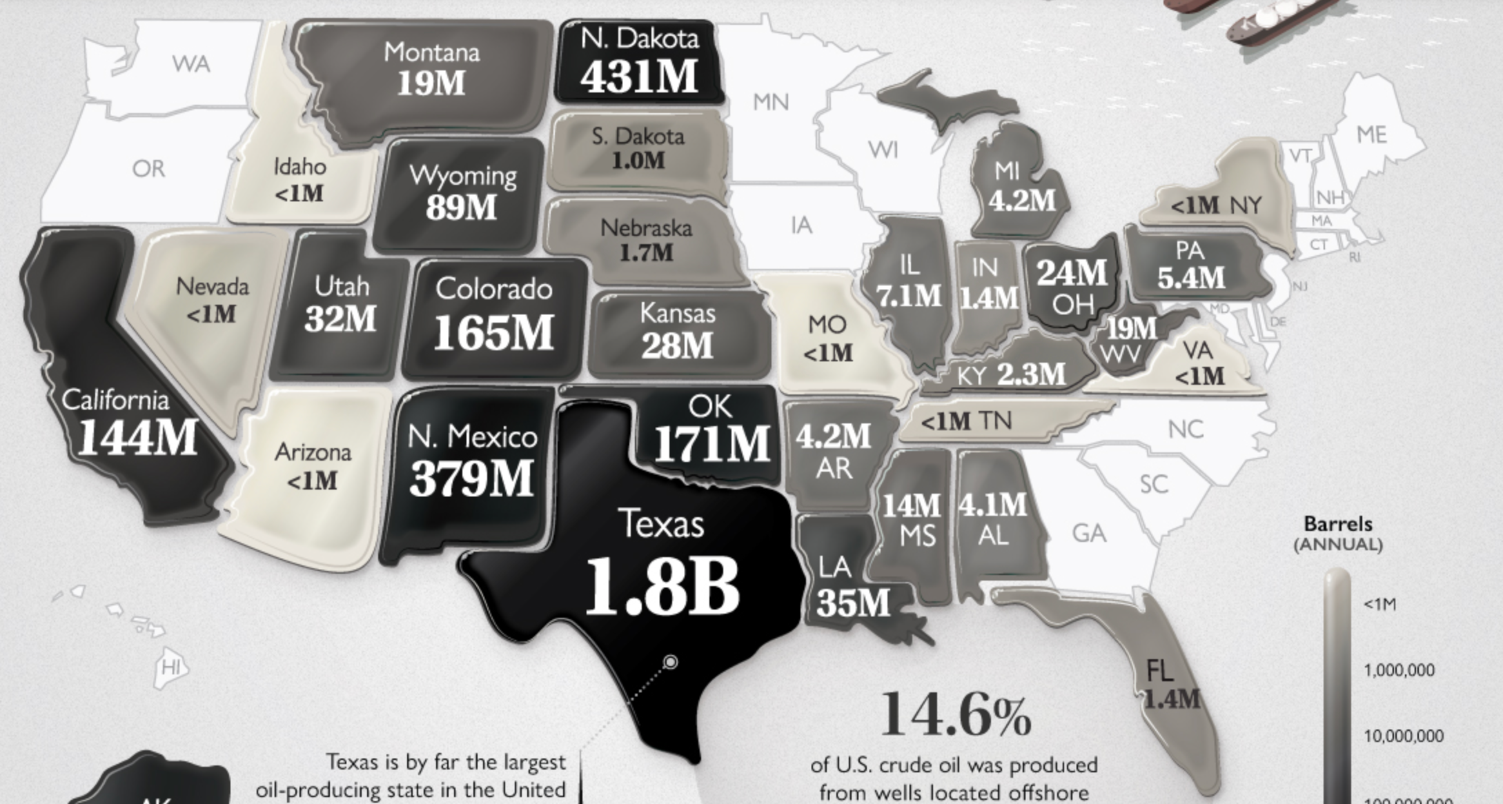 Mapa muestra a entidades de Estados Unidos con mayor producción de petróleo; Texas sigue a la cabeza
