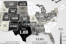 Mapa muestra a entidades de Estados Unidos con mayor producción de petróleo; Texas sigue a la cabeza