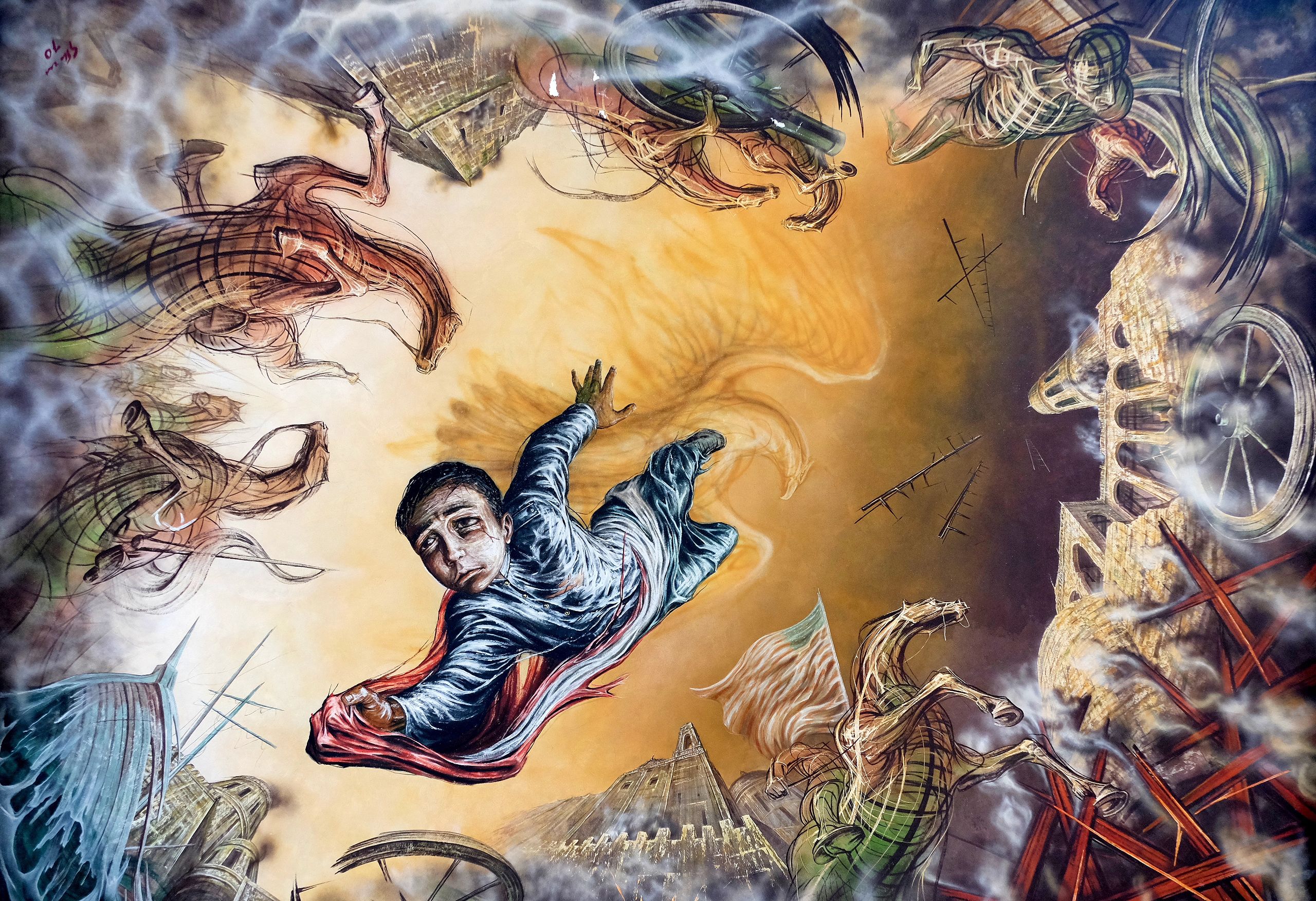Detalle de un mural de Gabriel Flores en el techo del Castillo de Chapultepec, que muestra a Juan Escutia saltando desde los muros del castillo hasta su muerte envuelto en la bandera mexicana para evitar que cayera en manos de los Estados Unidos.