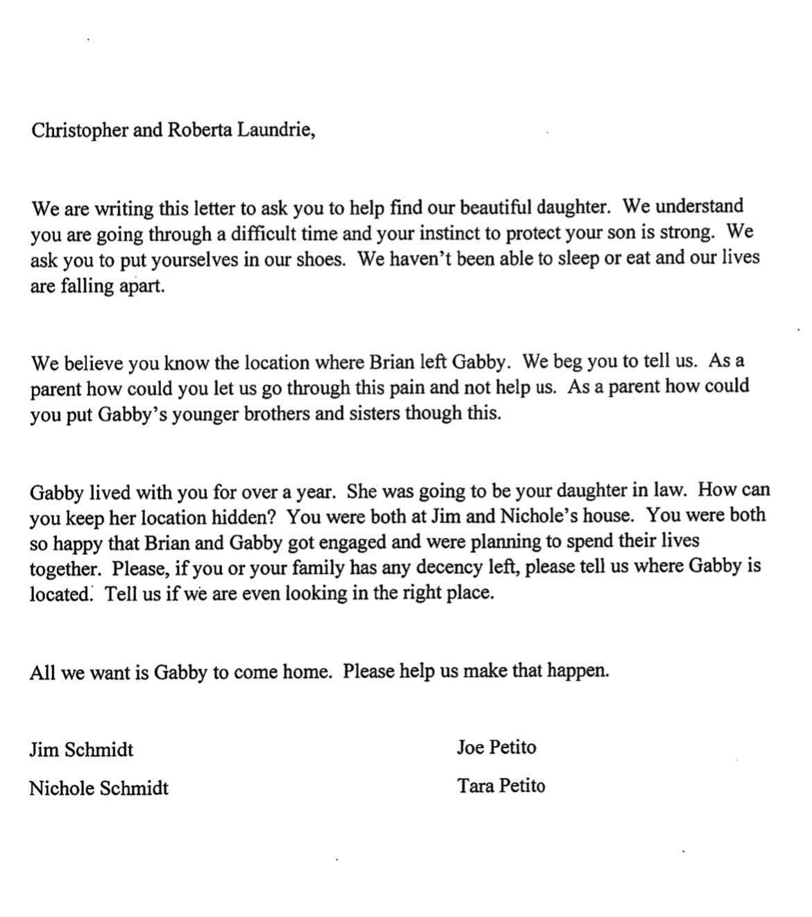 Una carta abierta de parte de la familia de Gaby Petito a los padres de Laundrie