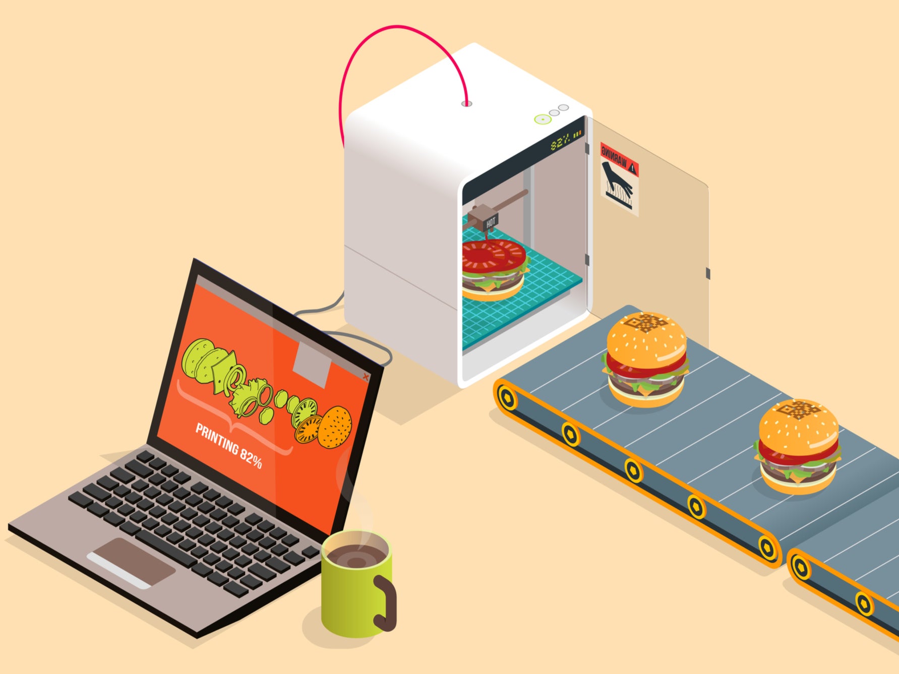 Ilustración de los alimentos que se imprimen desde una máquina.