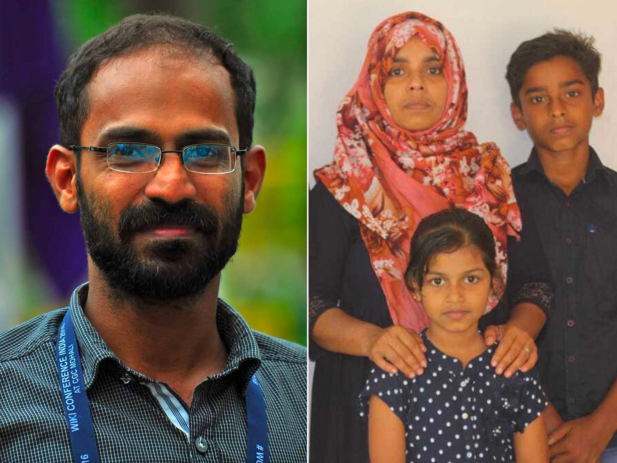 Siddique Kappan (izquierda) fue arrestado el 5 de octubre del año pasado. Su esposa (a la derecha, con sus dos hijos menores) ha estado haciendo campaña por su liberación.