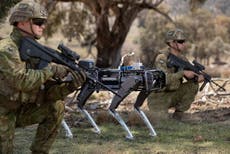 “Perros robot” militares cargan con rifles de asalto en sus espaldas
