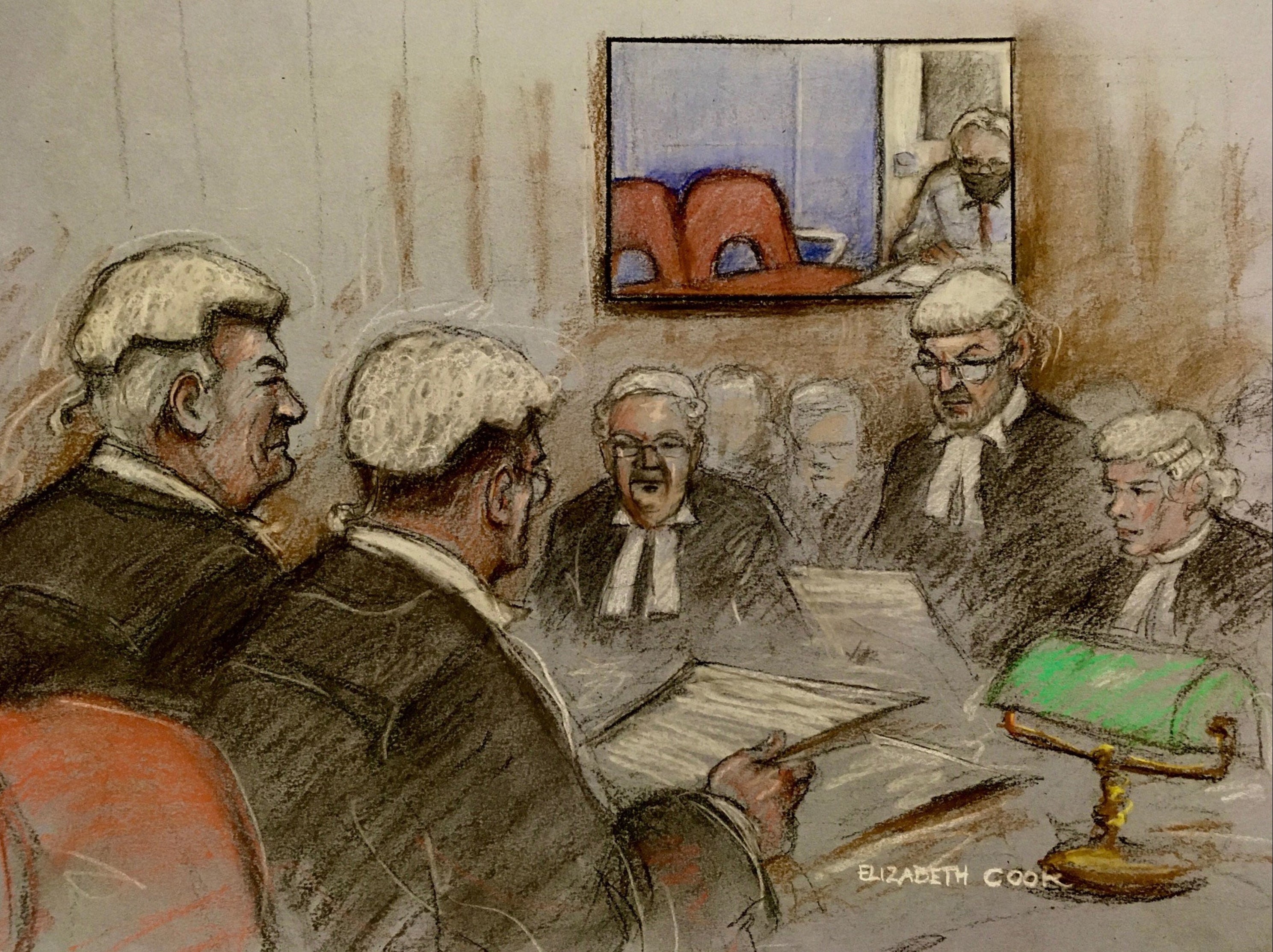 Un dibujo de Julian Assange que apareció vía videollamada en la corte