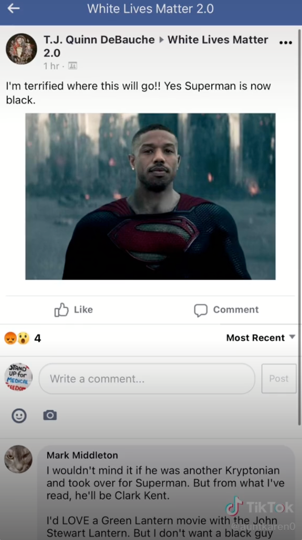Un miembro del grupo de Facebook "White Lives Matter 2.0" dice que está "aterrorizado" por un posible Superman negro.