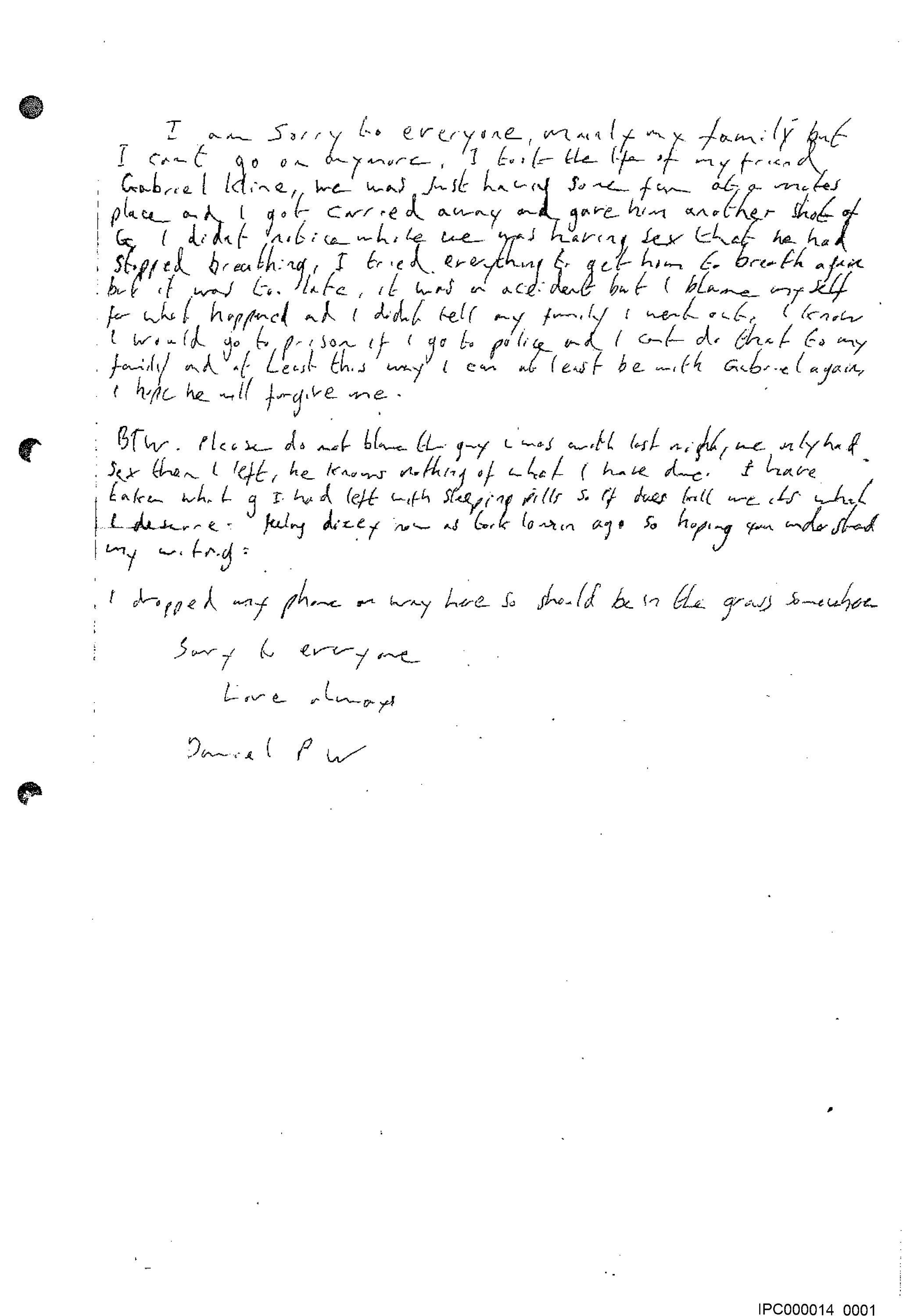 La nota de suicidio falsa, escrita por Port y que fue encontrada con el cadaver de Whitworth