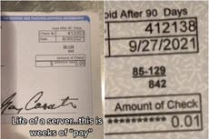 Mesera recibe un centavo por seis semanas de trabajo