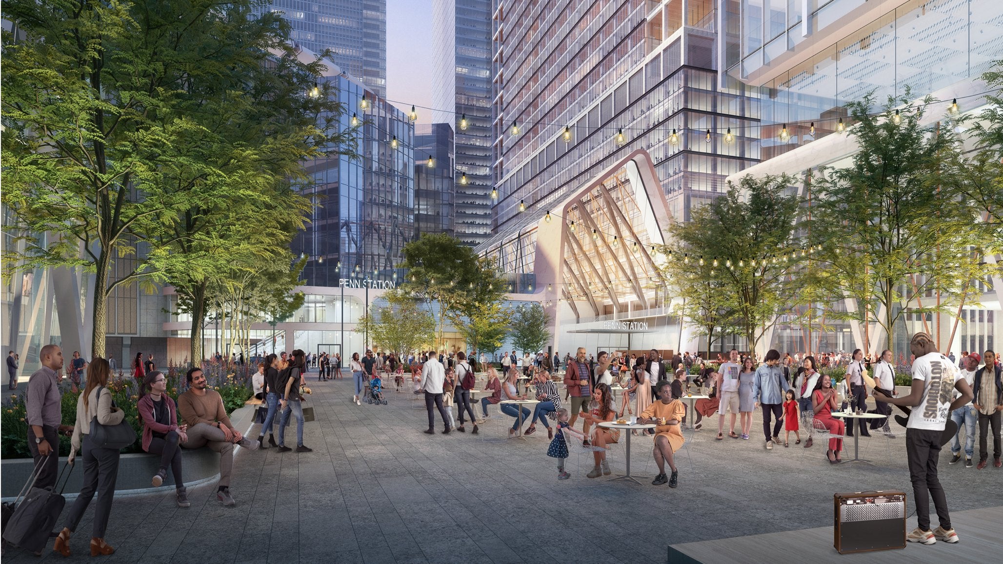 An artist’s rendering shows a public plaza planned for the area in front of the new Penn Station, as proposed by Governor Kathy Hochul