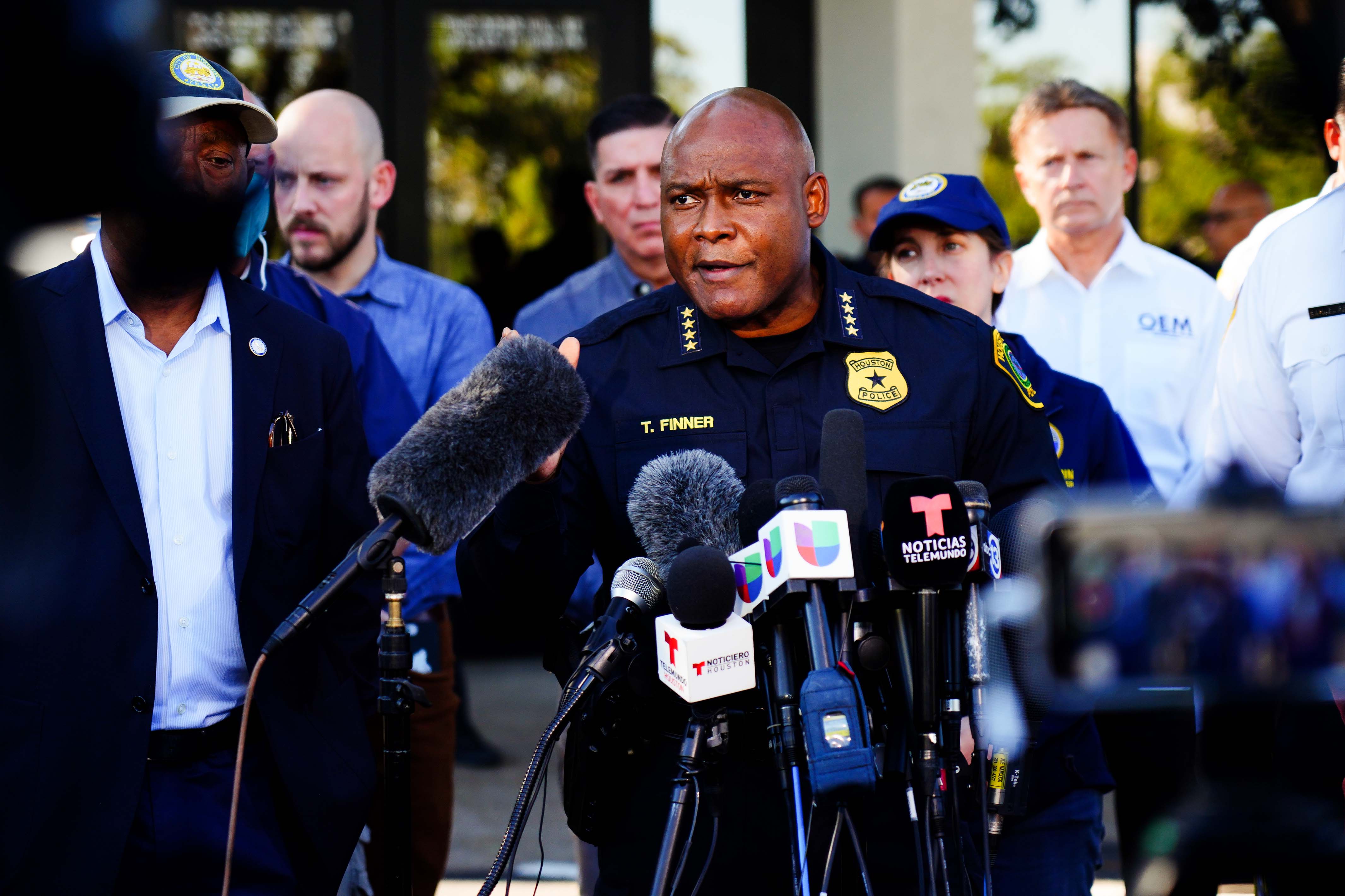 Houston Chief of Police Troy Finner speaks at the press conference addressing the cancellation of the Astroworld festival at the Wyndham Hotel family reunification center on 6 November 2021 in Houston, Texas