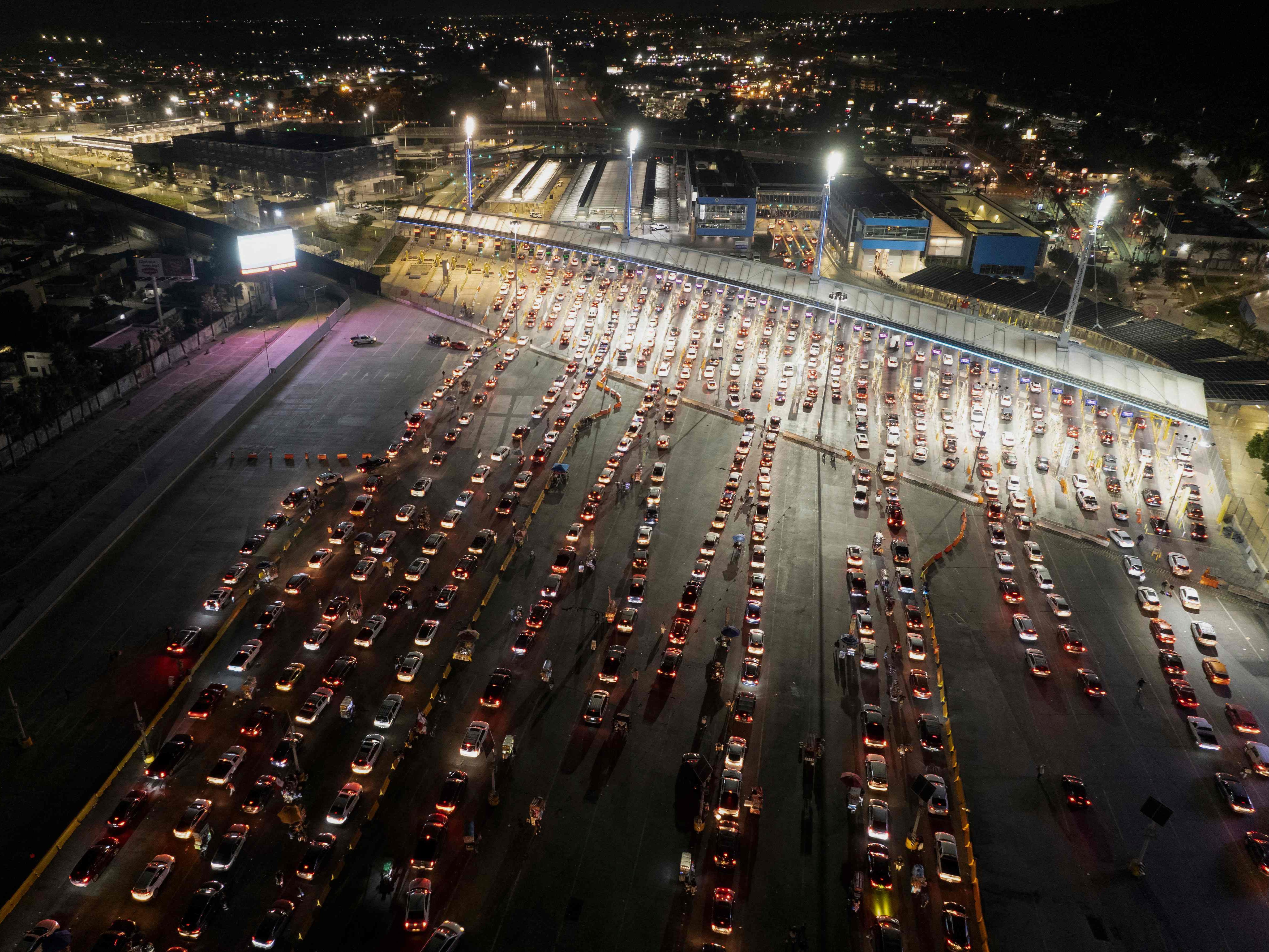 Aerial view of cars lining-up to cross the border the Mexico-United States border in Tijuana, Mexico.