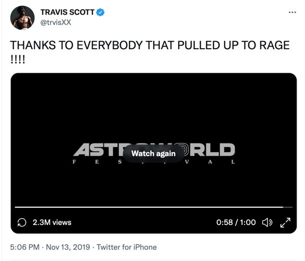 Travis Scott posteó originalmente el video en Twitter el 13 de noviembre de 2019
