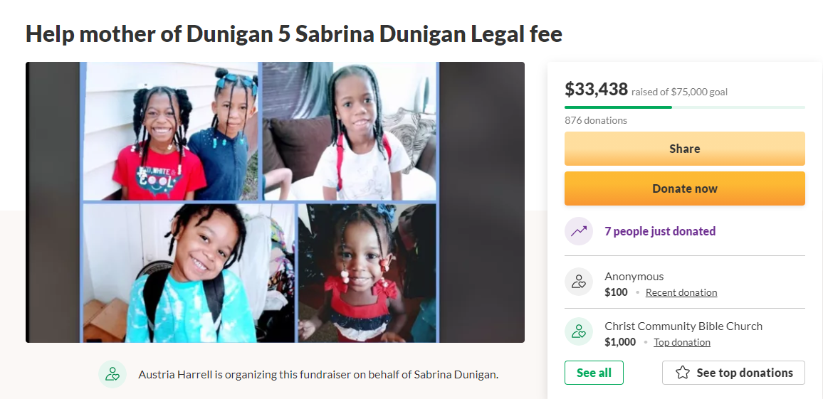 Al menos dos diferentes cuentas de GoFundMe para Sabrina Dunigan y su familia habían recaudado casi $100.000 hasta el miércoles