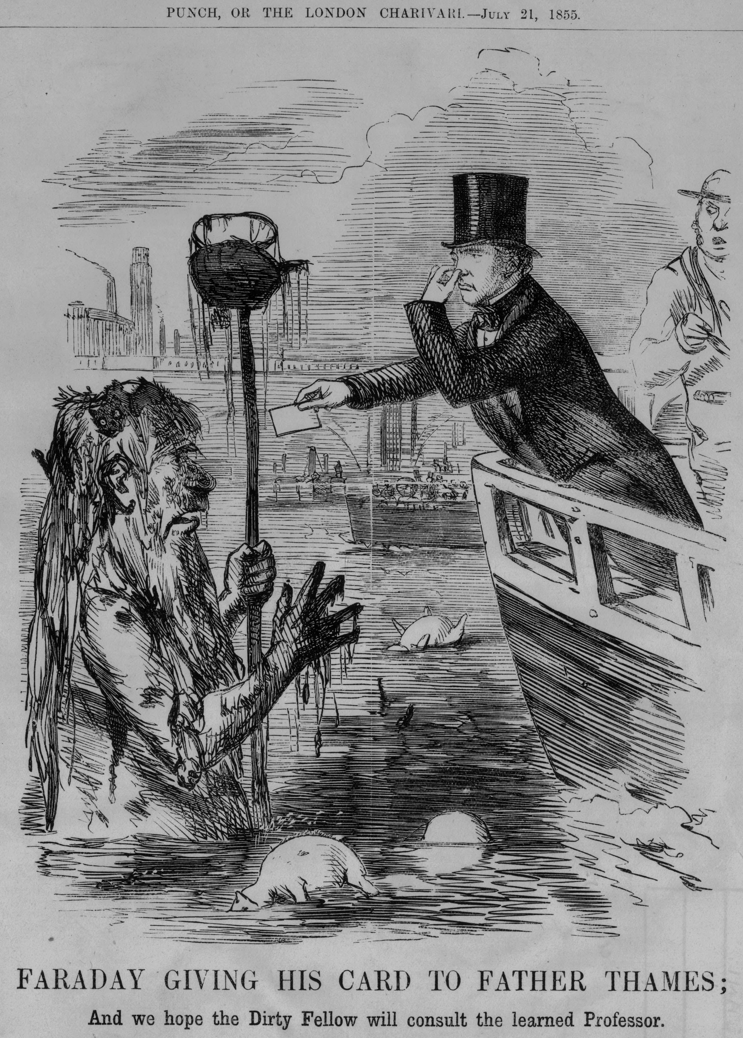 Una caricatura del Punch de julio de 1855 que muestra al físico inglés Michael Faraday tapándose la nariz mientras le entrega al “Padre Támesis” una tarjeta de presentación