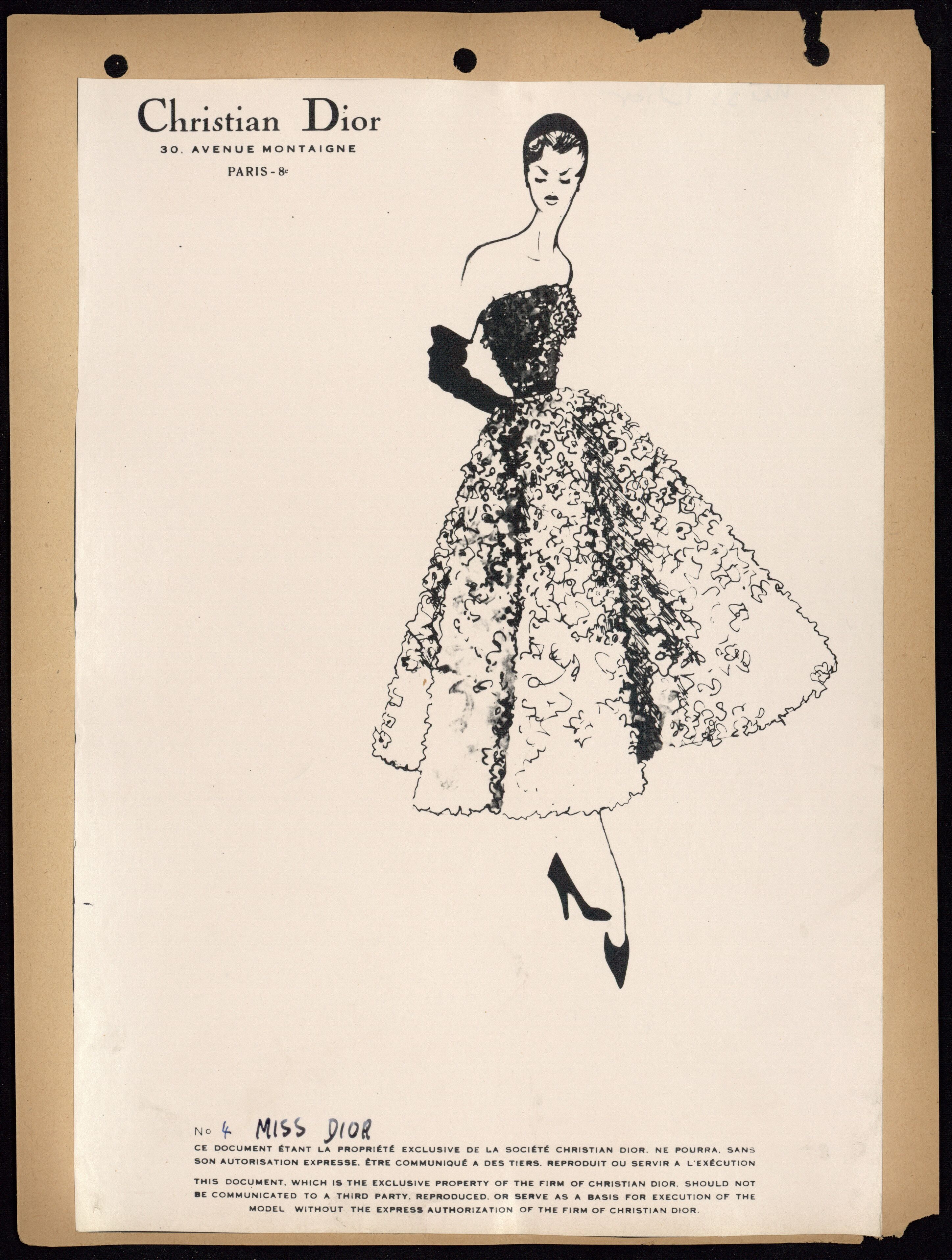 Boceto de un vestido corto de noche Miss Dior bordado con mil flores (1949)