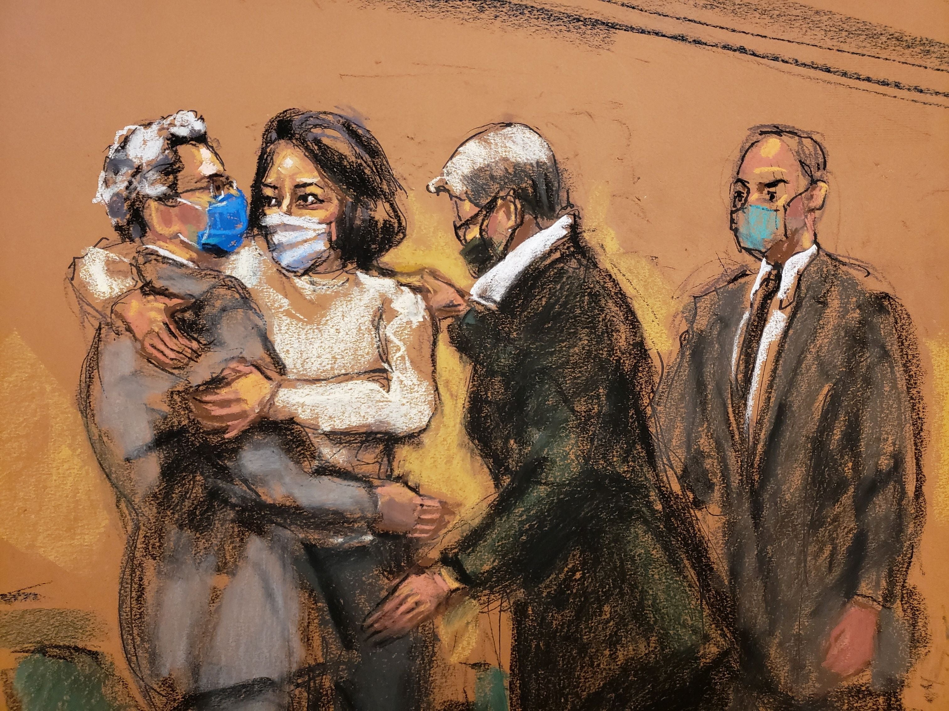 Ghislaine Maxwell sonríe con su cubrebocas puesto y saluda a su hermana al iniciar su juicio en Nueva York