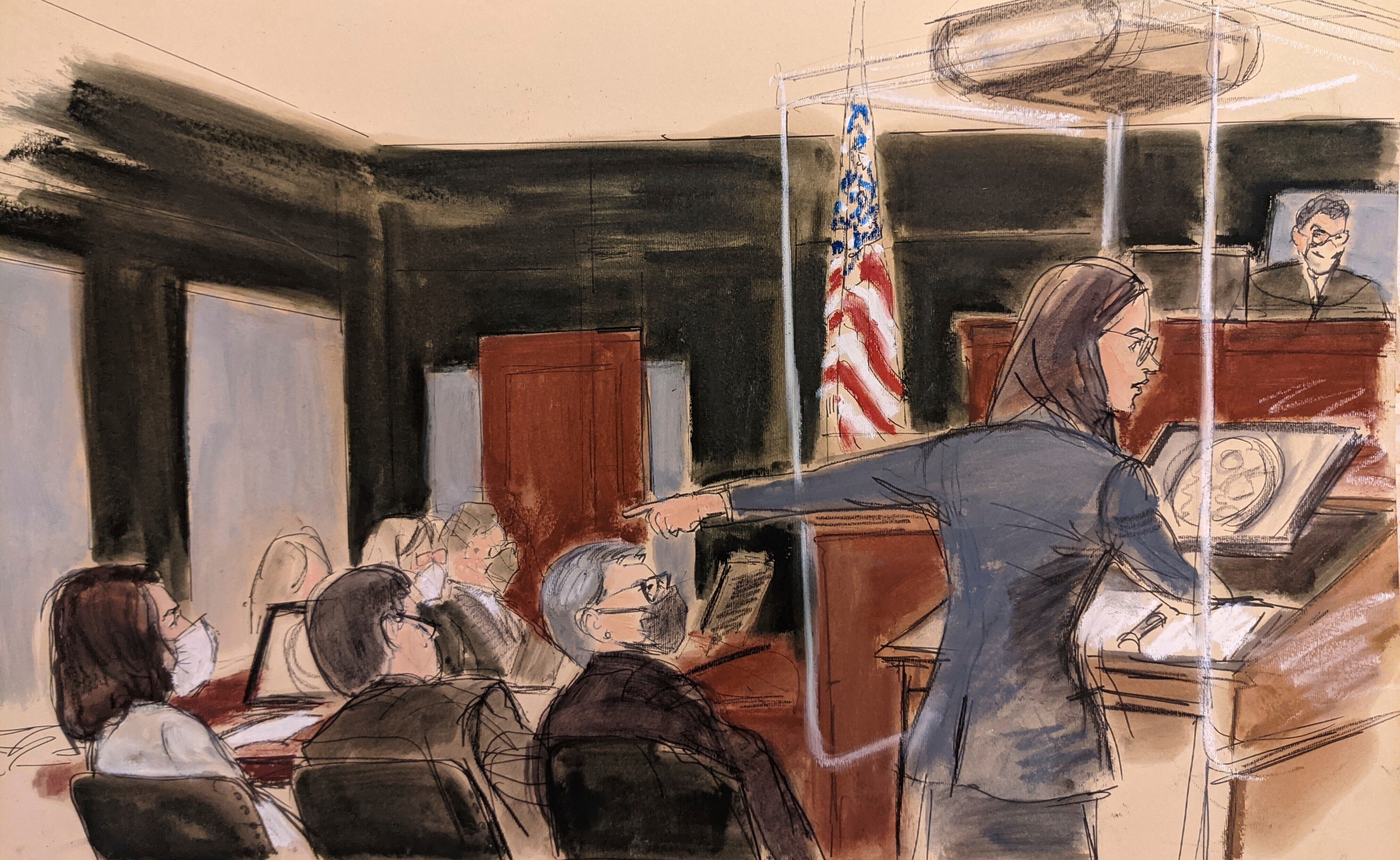 La fiscal de EE.UU., Lara Pomerantz, da su declaración de apertura mientras señala a la acusada, Ghislaine Maxwell