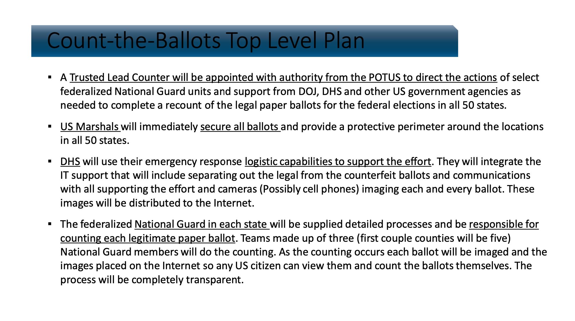 Esta diapositiva establece un plan para que las fuerzas federalizadas de la Guarda Nacional supervisen un recuento de los votos y que declaren a Trump como el ganador de la elección del 2020