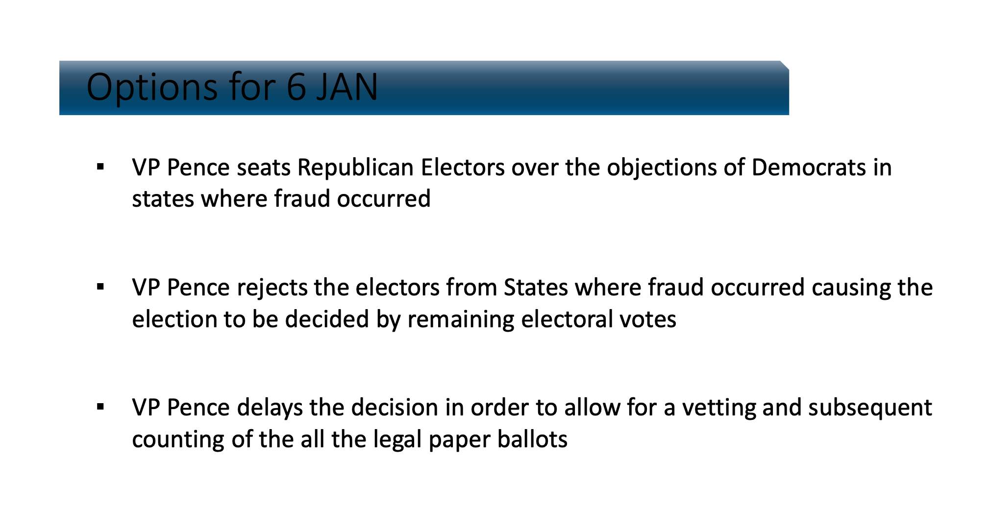 La tercera “opción para el 6 de enero” enlistada en esta diapositiva corresponde a un plan propuesto por el senador de Texas Ted Cruz
