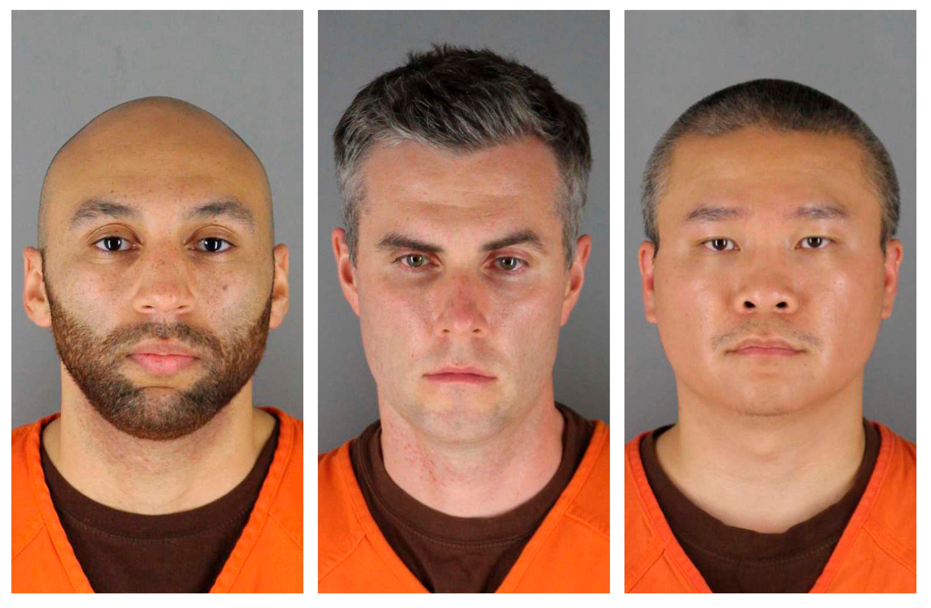 De izquierda a derecha: J. Alexander Kueng, Thomas Lane y Tou Thao en fotografías de su procesamiento