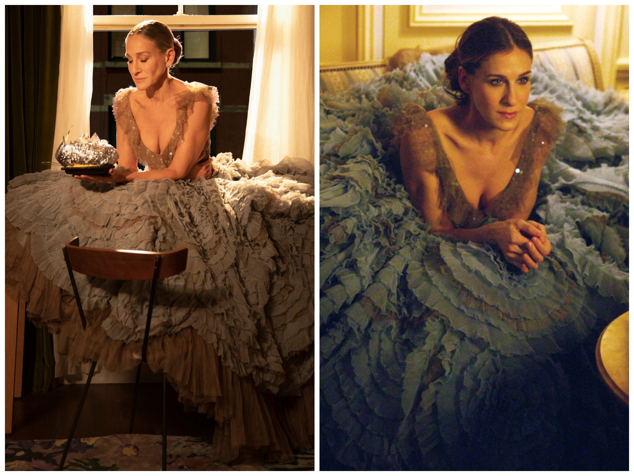 Carrie usa el vestido Versace en el episodio ocho de AJLT (izquierda) y en los episodios en París de SATC (derecha)