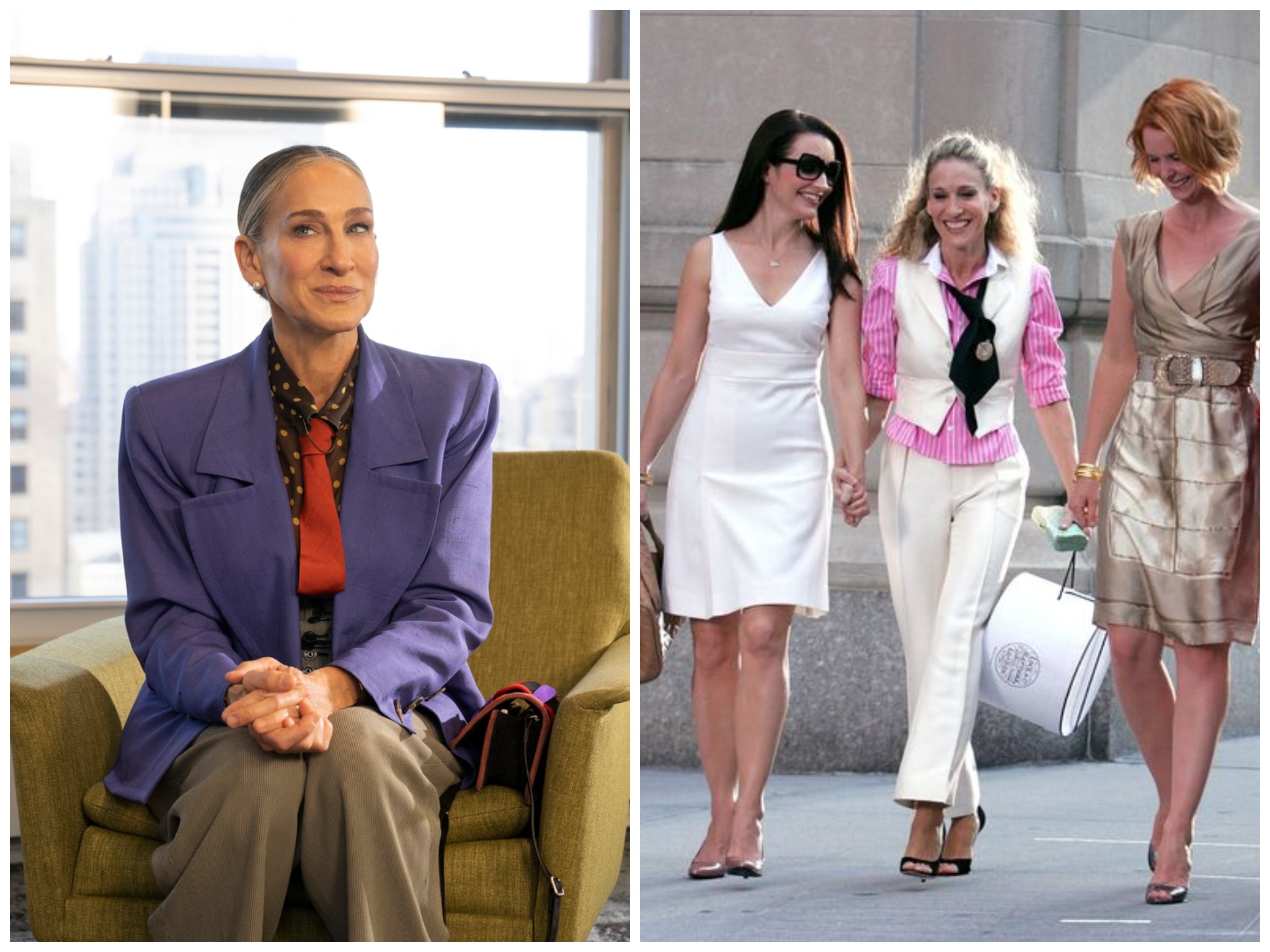El traje violeta de Carrie en AJLT (izquierda) puede ser un homenaje al traje que usó en la primera temporada de SATC (derecha)