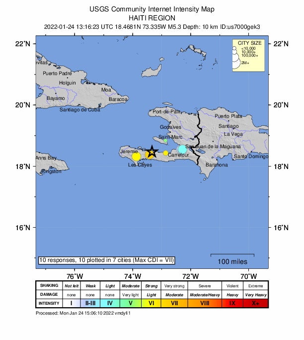 La ubicación del terremoto de 5,3 grados que sacudió a Haití el 24 de enero de 2022. El USGS registró dos terremotos de 5,1 y 5,3 grados de magnitud en menos de una hora, con epicentros a unos pocos kilómetros entre sí y a unos diez kilómetros de profundidad