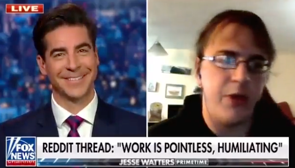 El presentador de Fox News, Jesse Watters, entrevista a Doreen Ford, una moderadora del popular subreddit r/antiwork