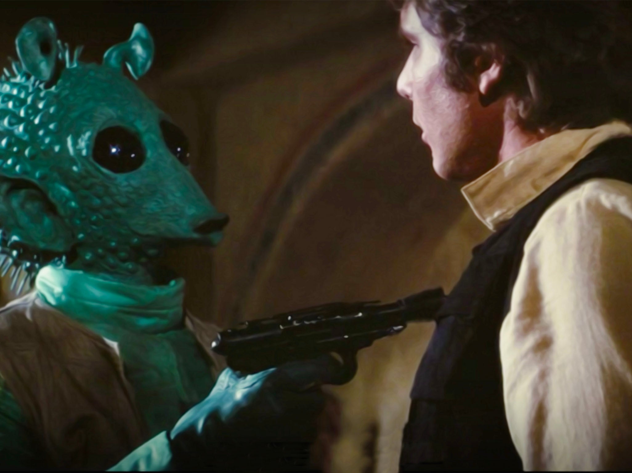 <p>Punto de partida: Greedo y Han Solo se preparan para dispararse mutuamente en <em>Star Wars: A New Hope</em></p>