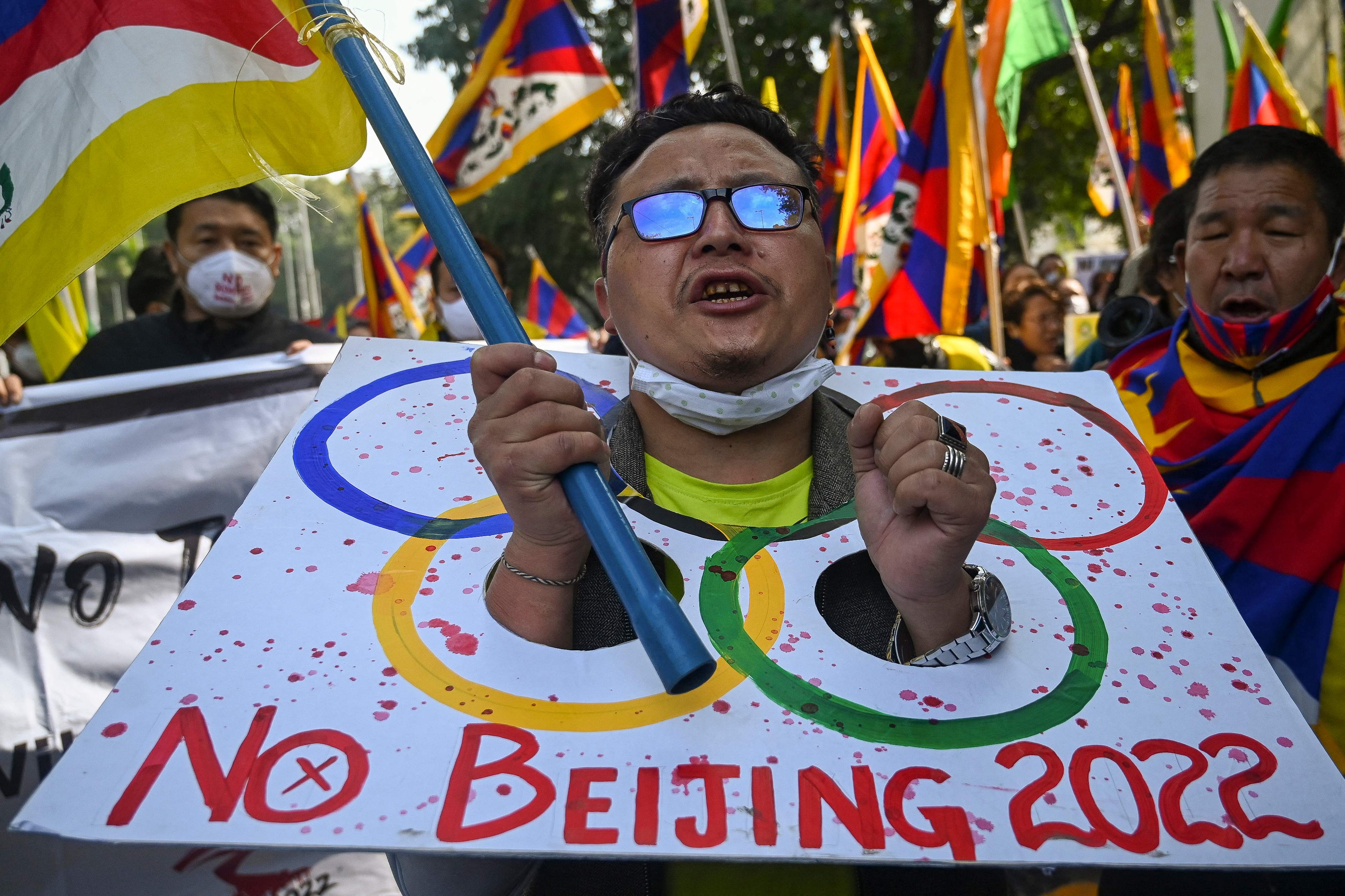 Activistas tibetanos en una manifestación en Nueva Delhi, India