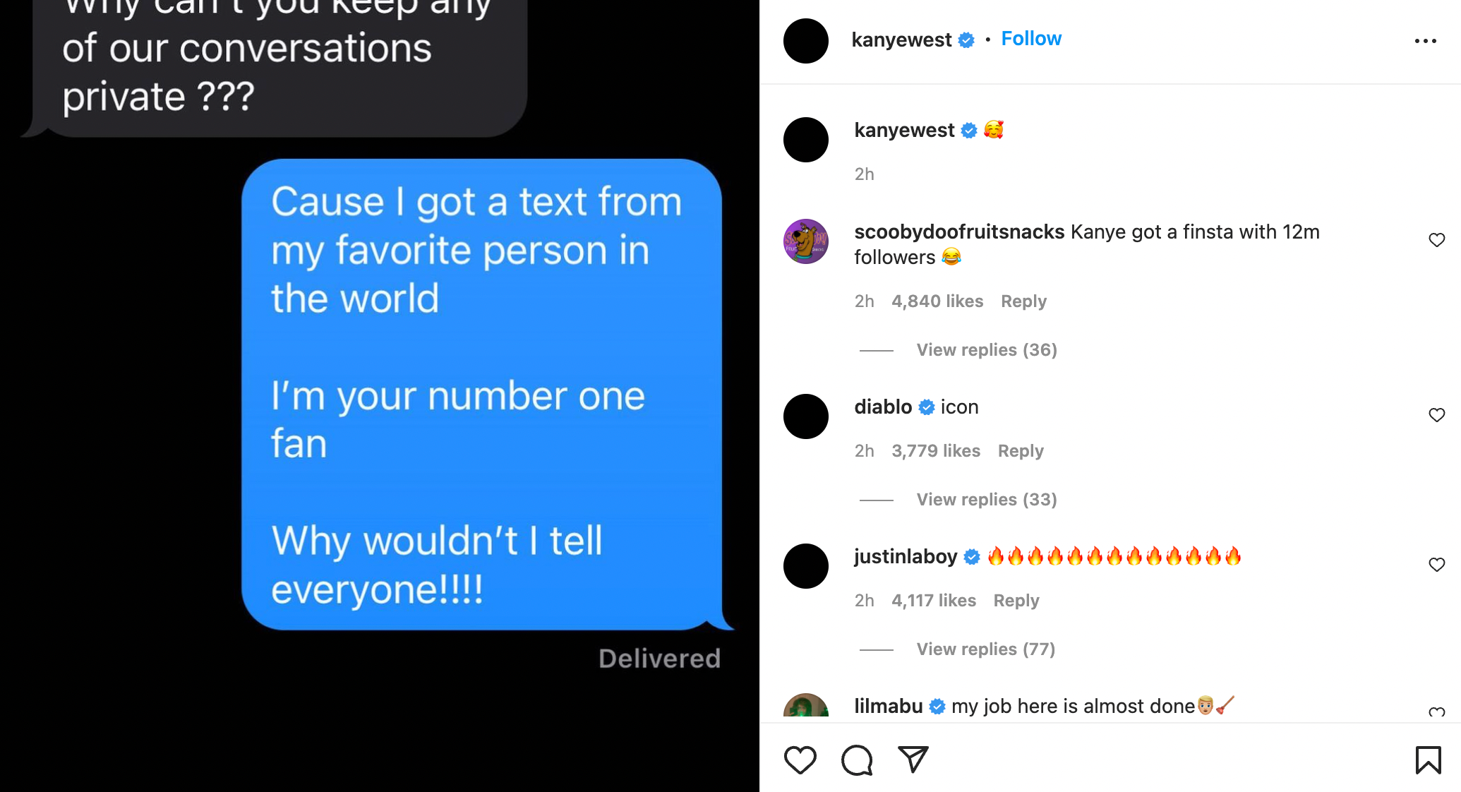 Esta captura de pantalla publicada en el Instagram de Kanye fue borrada posteriormente