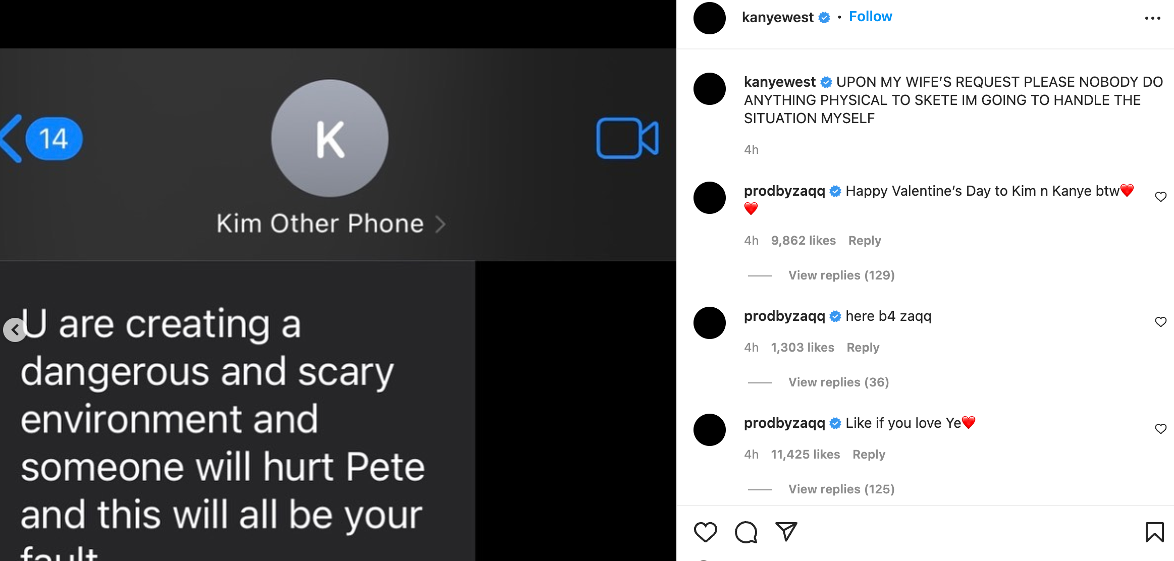 Kanye West compartió capturas de pantalla de mensajes con Kim Kardashian en su Instagram