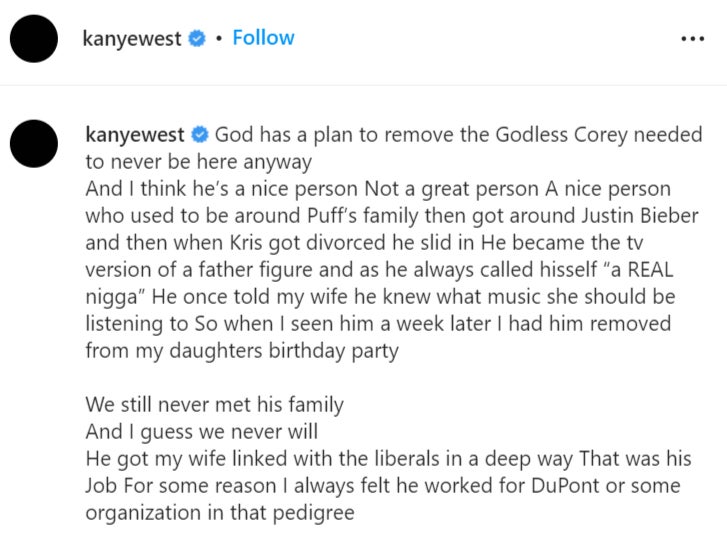 Una captura de pantalla de la publicación de Instagram de Kanye West sobre Corey Gamble