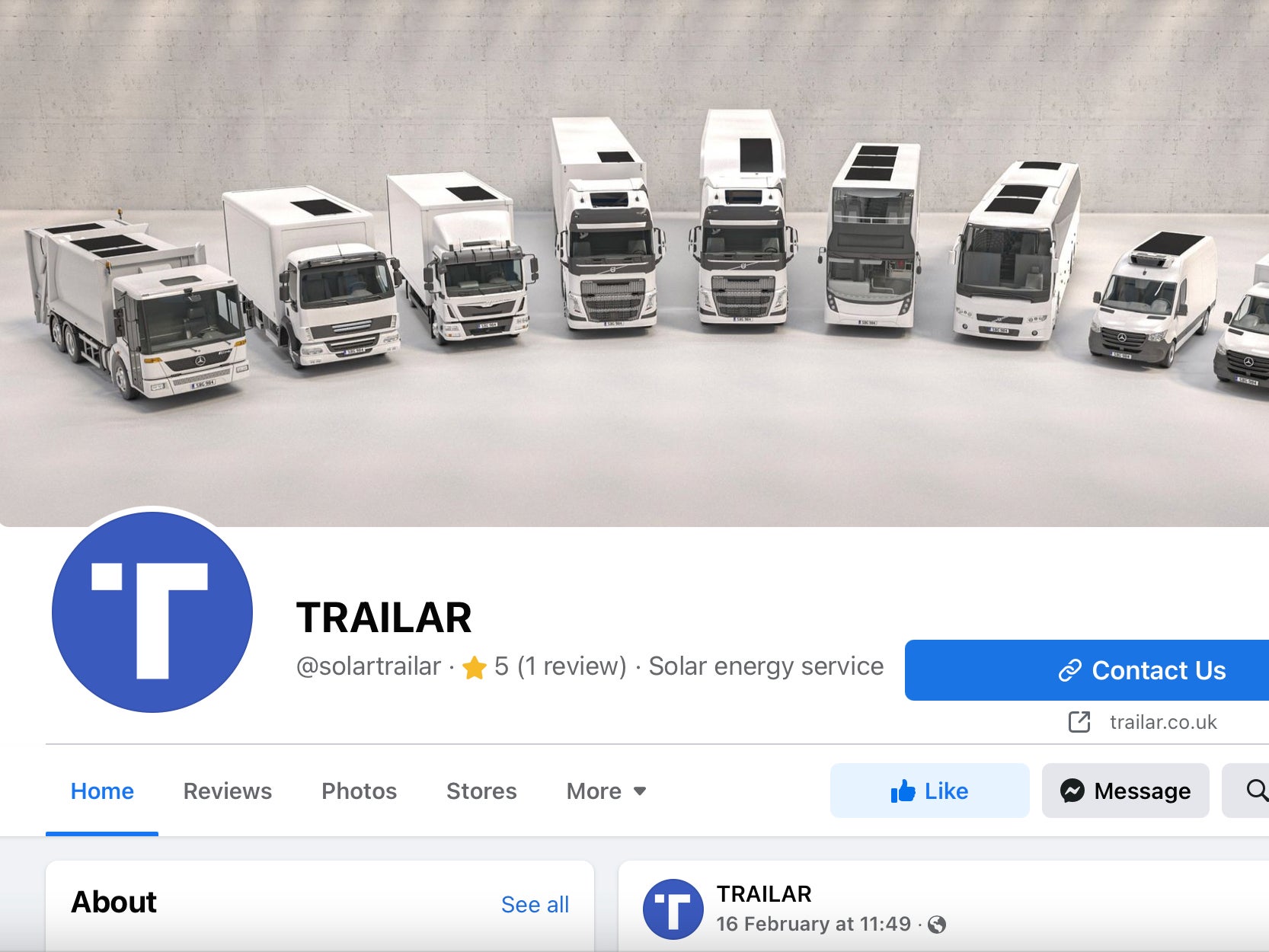 The Facebook page for the British start-up, Trailar