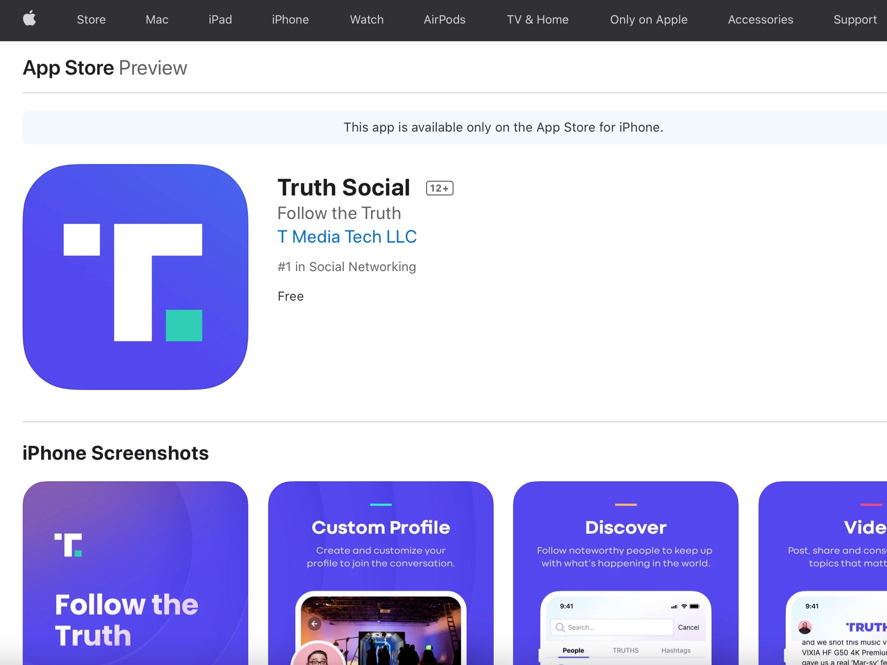 La aplicación Truth Social tal y como aparece en la App Store de Apple